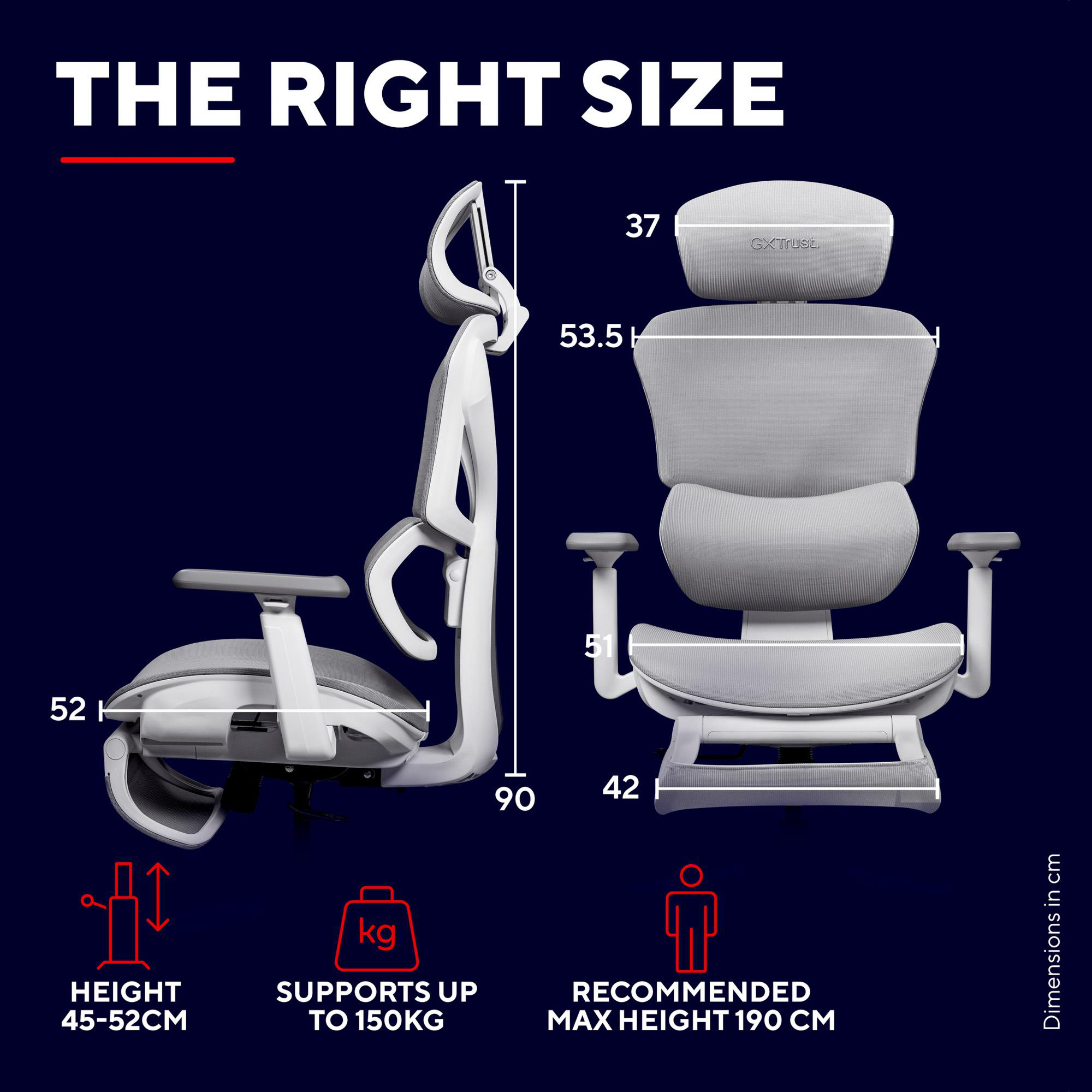 Diagramm zeigt die Maße eines ergonomischen weißen Stuhls mit Höhen- und Gewichtsgrenzen.