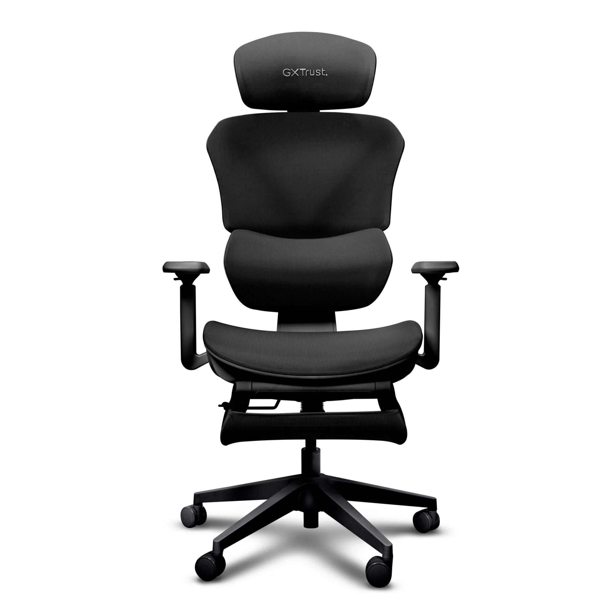 Ein schwarzer ergonomischer Bürostuhl mit verstellbaren Armlehnen, Kopfstütze und Lendenwirbelstütze auf Rollen.