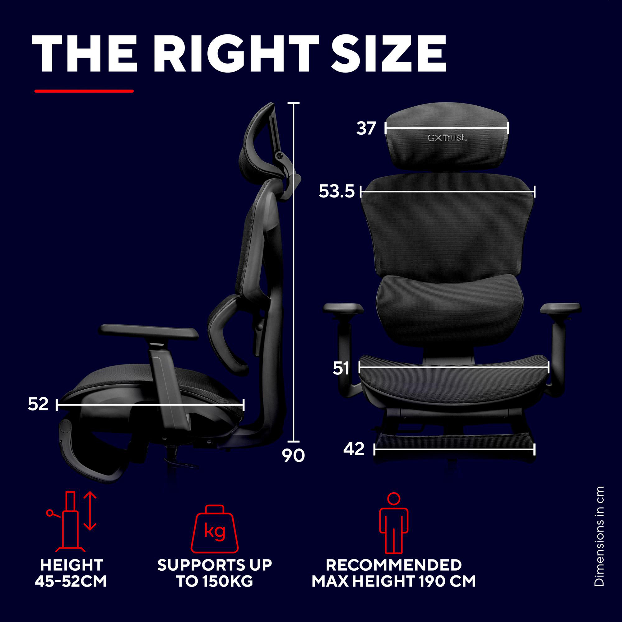 Technische Zeichnung der Maße eines ergonomischen Bürostuhls auf blauem Hintergrund mit Symbolen.