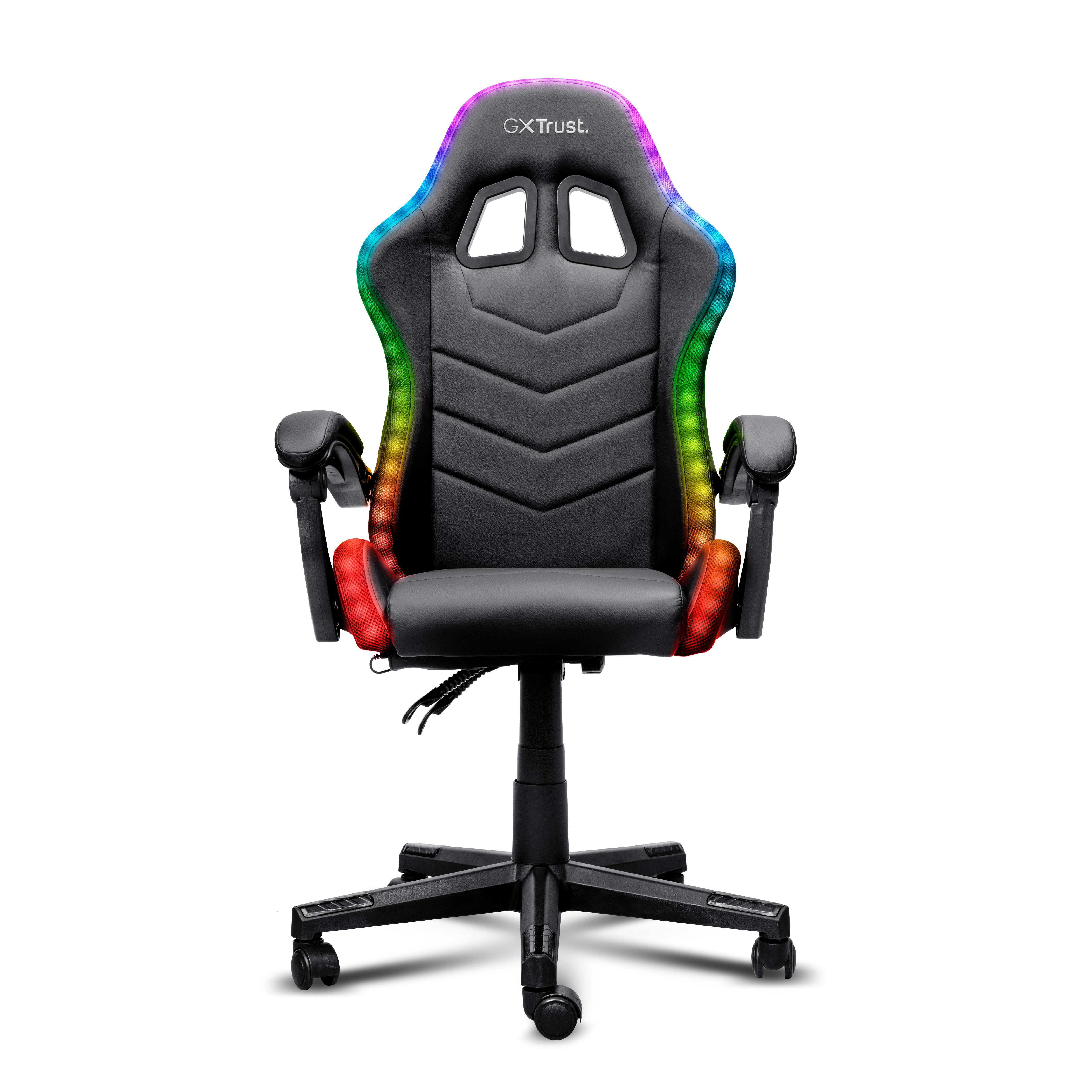 Schwarzer Gaming-Stuhl mit RGB-Beleuchtung am Rand, Armlehnen und Rollen auf weißem Hintergrund.