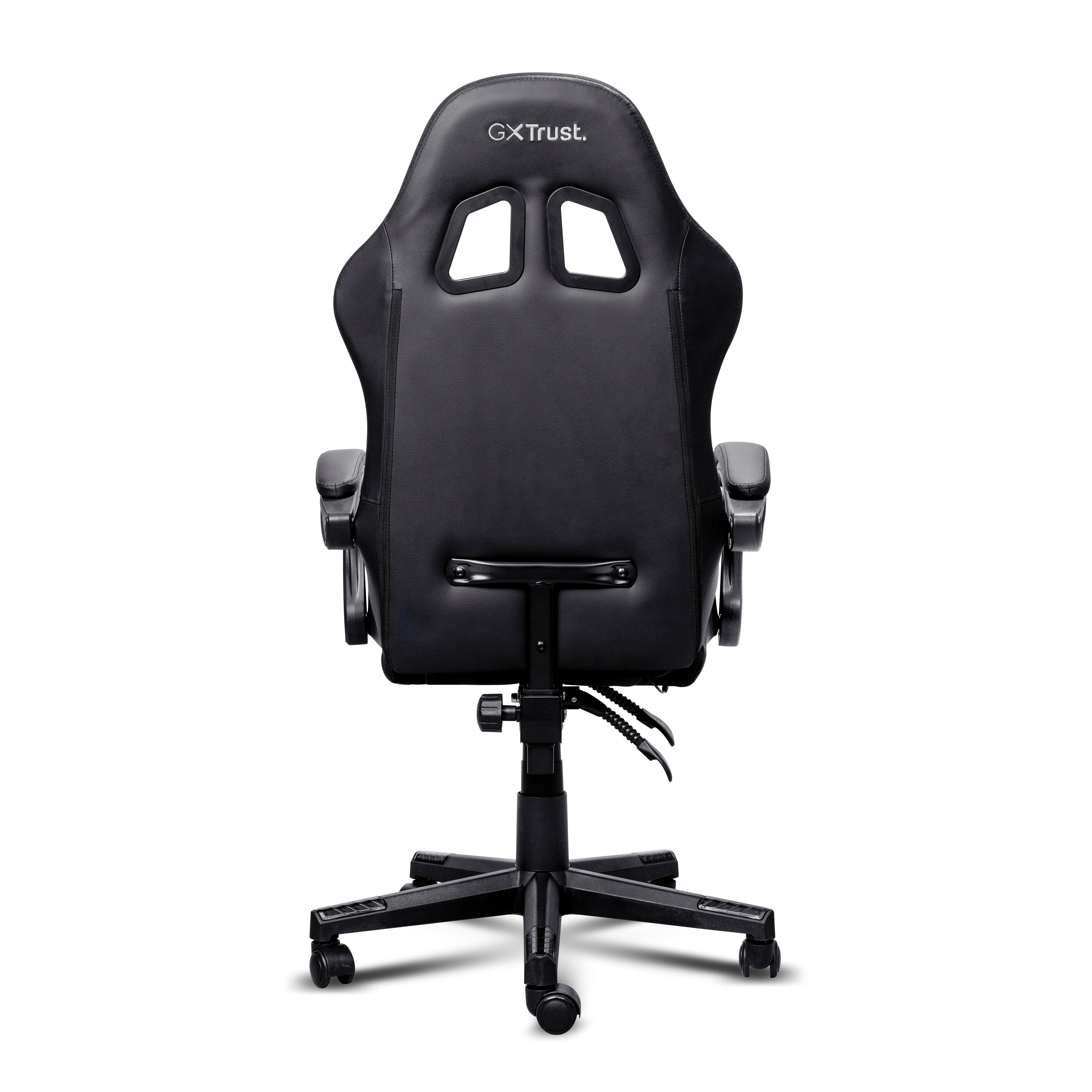 Rückansicht eines schwarzen GXTrust Gaming-Stuhls mit Rollen und Logo auf weißem Hintergrund.