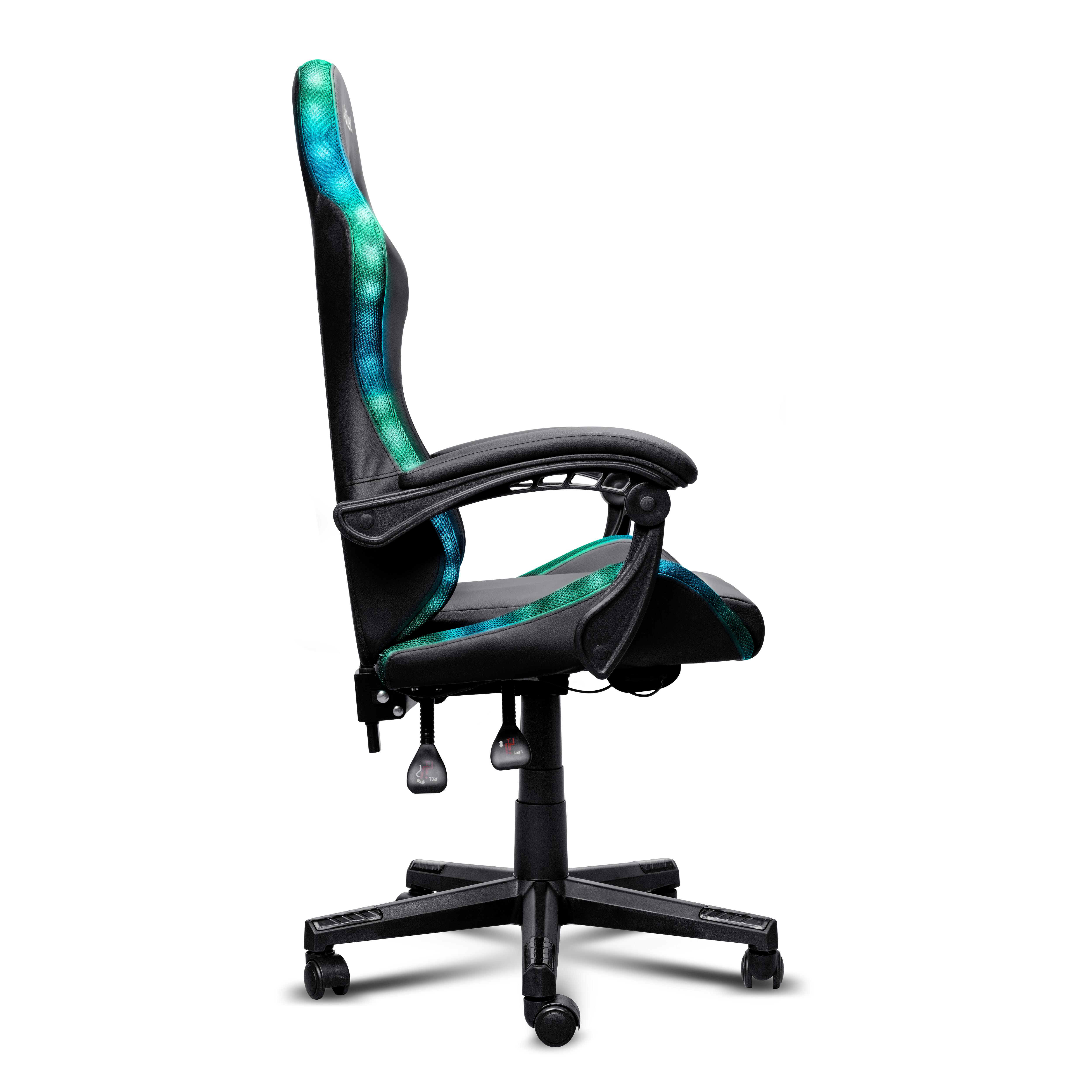 Schwarzer Gaming-Stuhl mit blau-grünen Akzenten, Armlehnen und Rollen vor weißem Hintergrund.