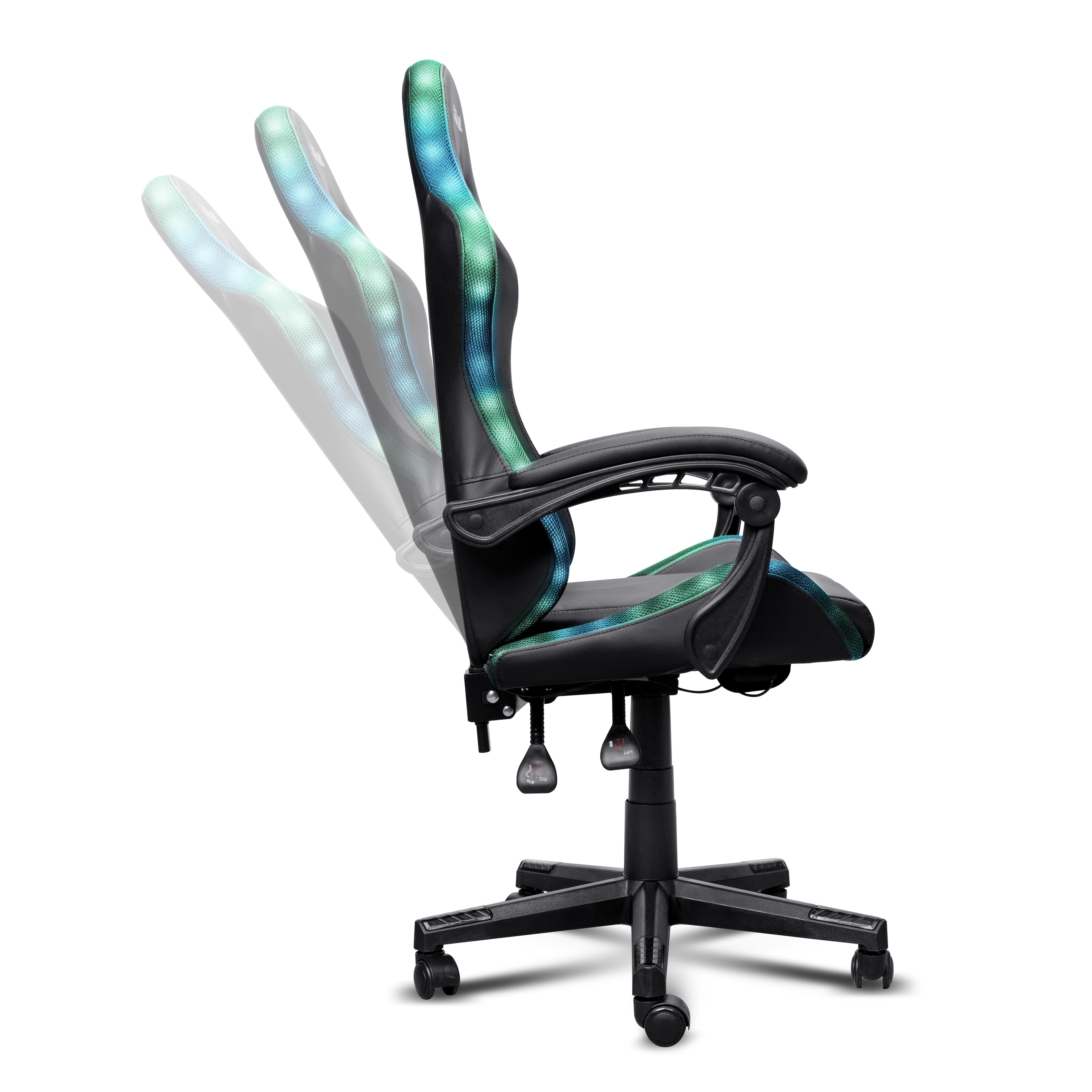 Schwarzer Gaming-Stuhl mit blauen und grünen LED-Leuchten zeigt verstellbare Neigungspositionen.