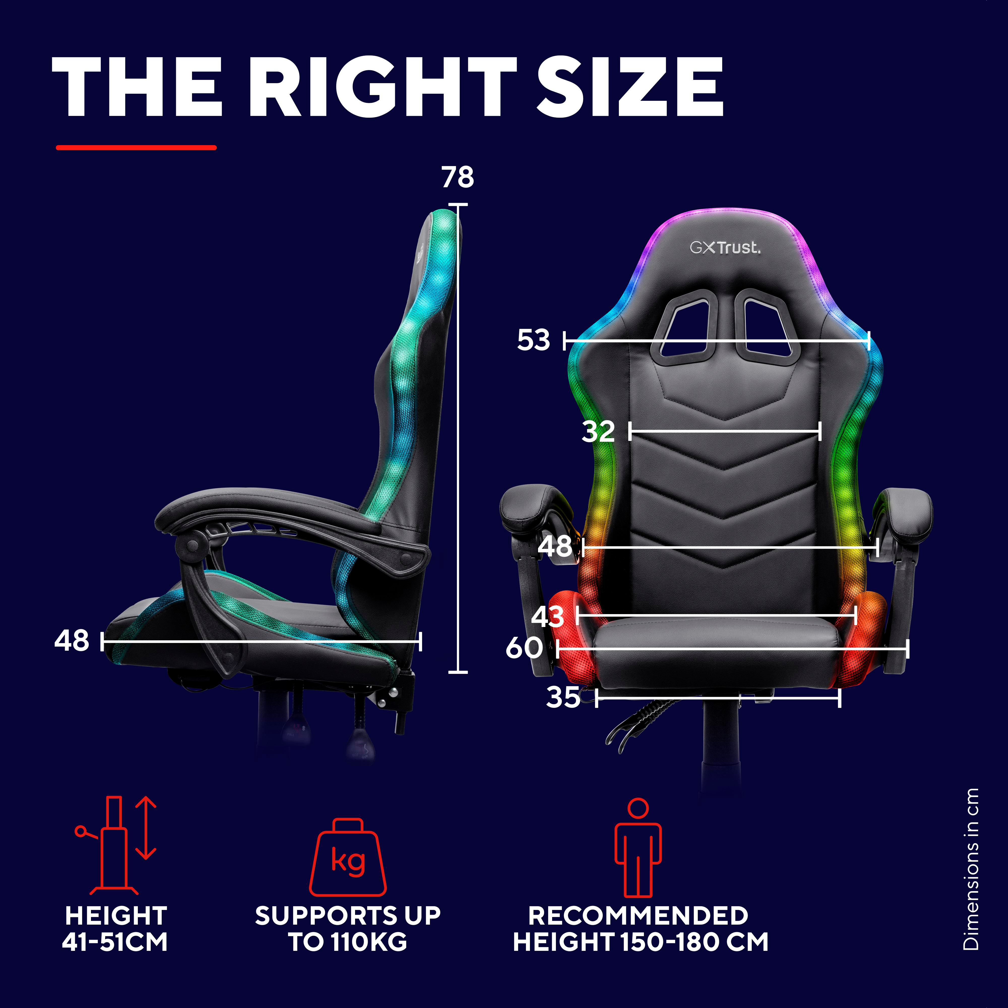 Infografik zeigt Seiten- und Frontmaße eines schwarzen Gaming-Stuhls mit RGB-Beleuchtung, bis 110 kg.