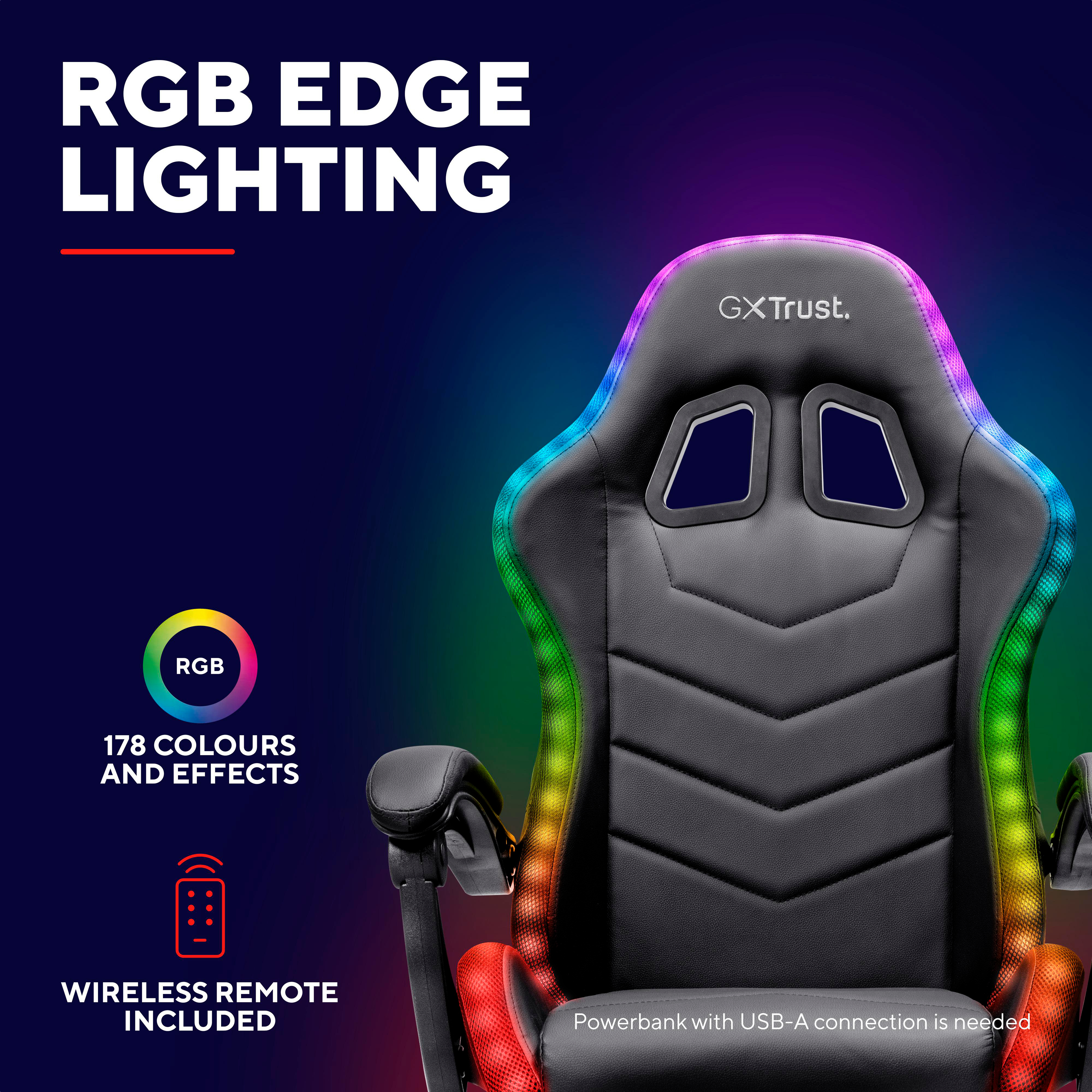 Schwarzer Gaming-Stuhl mit RGB-Beleuchtung, Fernbedienung und 178 Farben auf dunkelblauem Hintergrund.