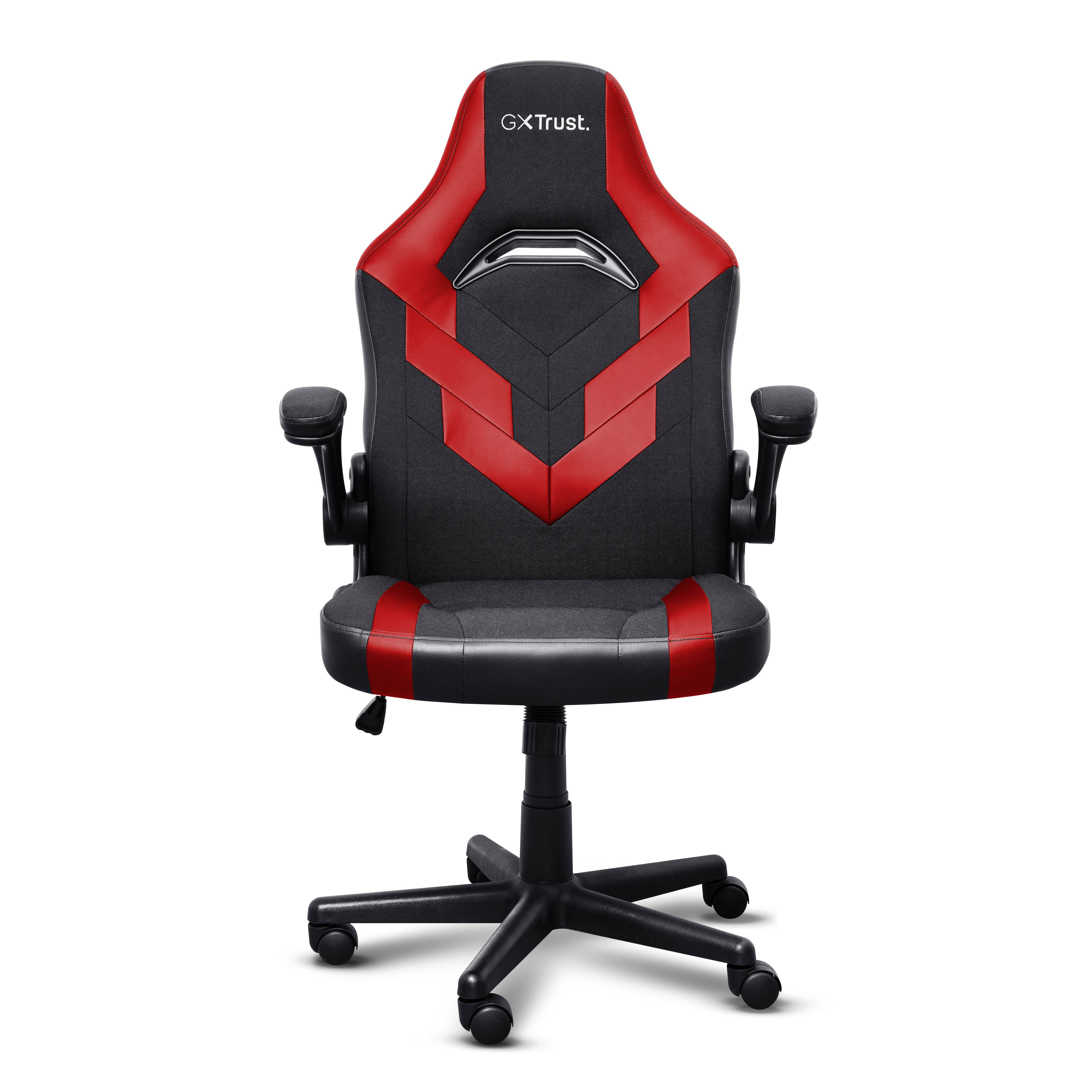 Ein schwarz-roter GXTrust Gaming-Stuhl mit Rollen, verstellbaren Armlehnen und ergonomischem Design auf weißem Grund.