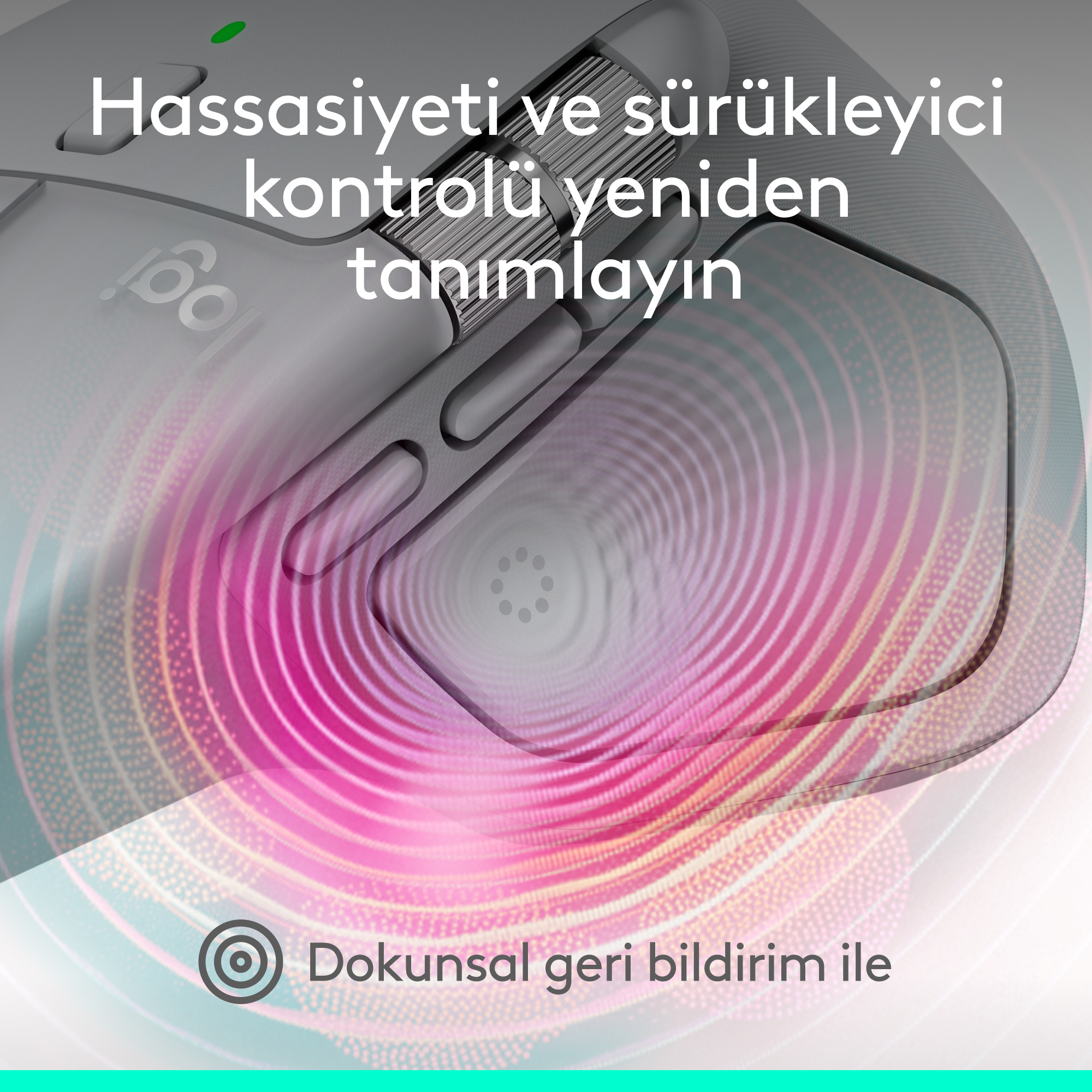 Metal tekerlekli modern gri bilgisayar faresinin ve alttaki pembe haptik dalgaların yakın plan görüntüsü.