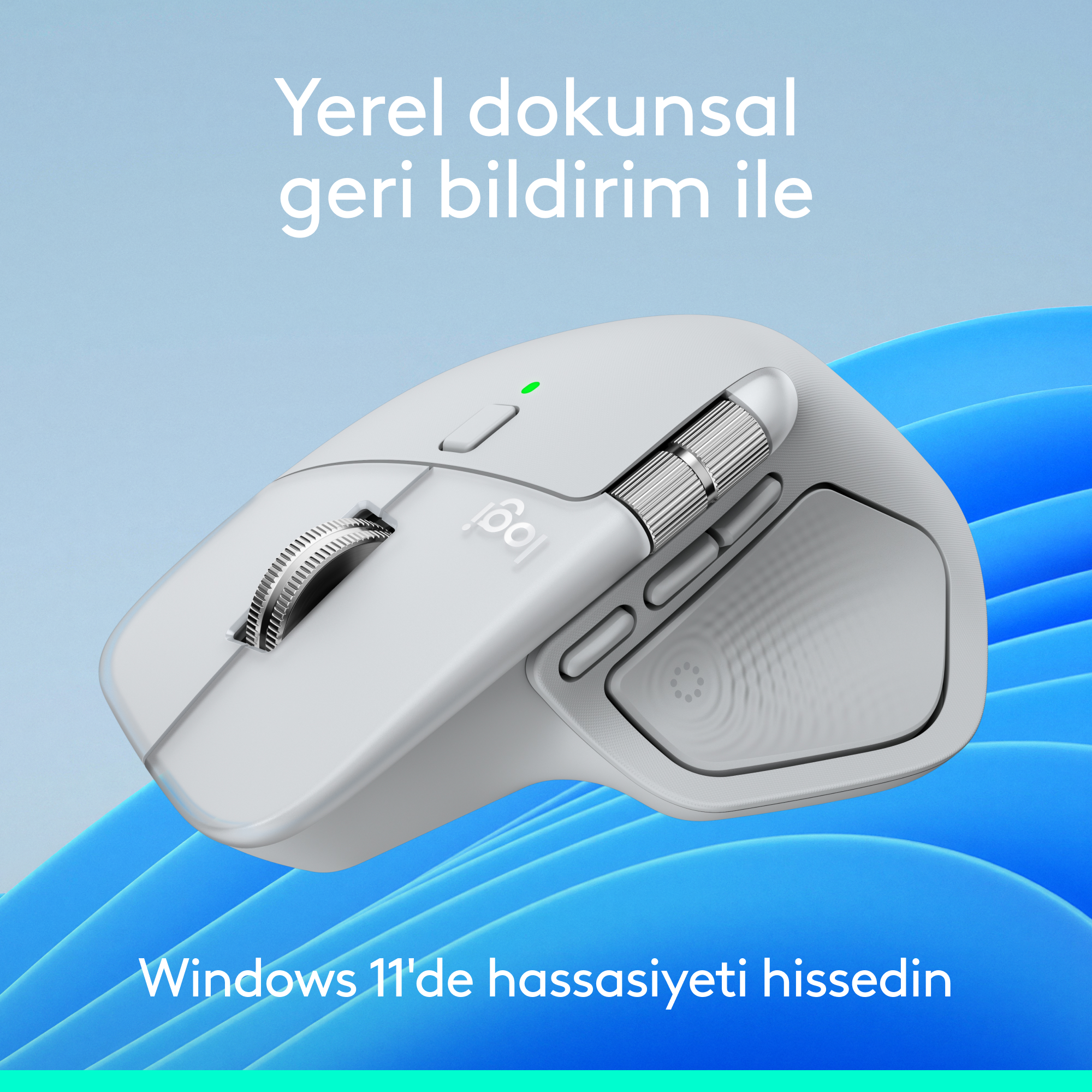 Mavi arka plan üzerinde Türkçe tanıtım metni olan açık gri kablosuz bilgisayar faresi.