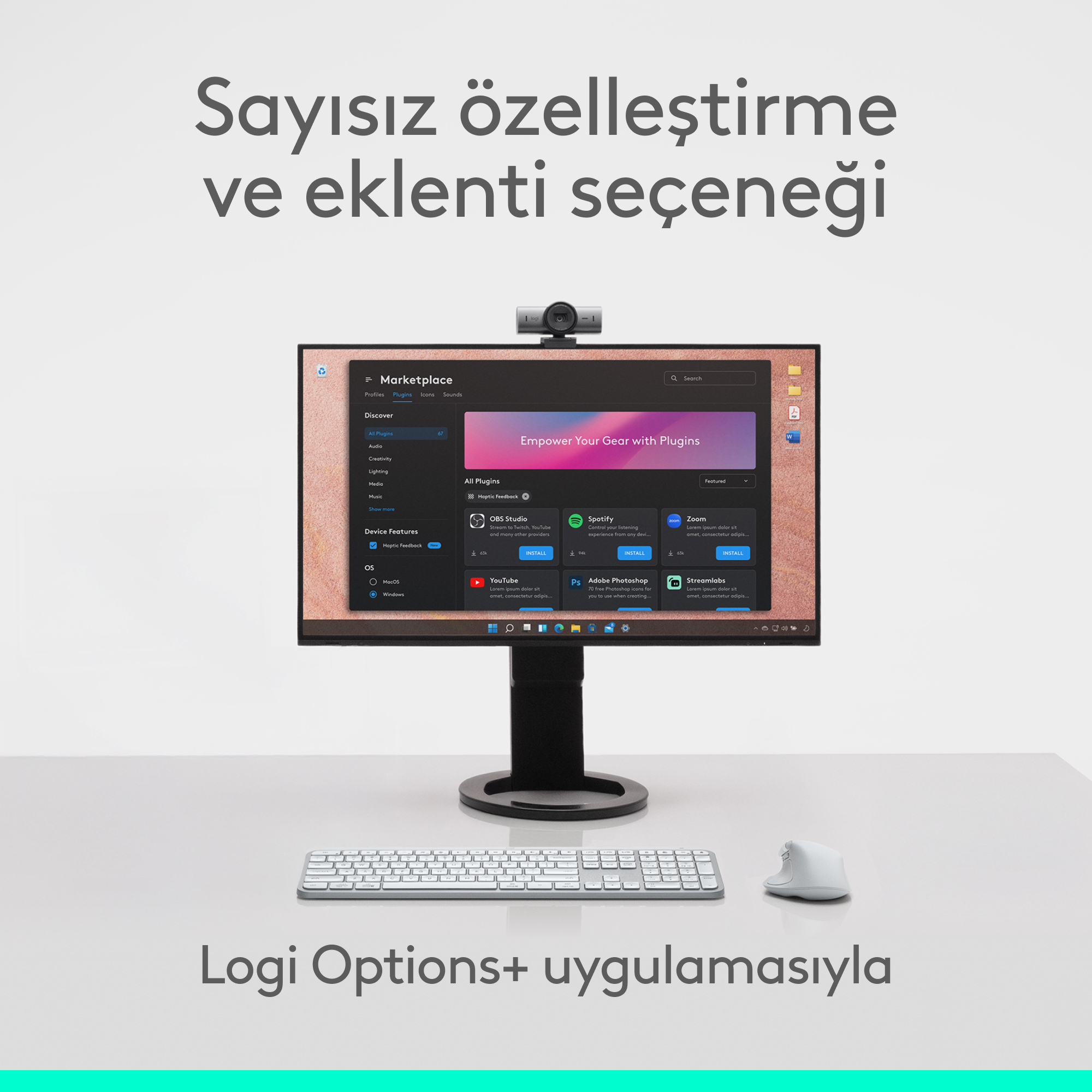 Beyaz bir masada klavye ve fare bulunan, Marketplace ekranını gösteren bir bilgisayar.
