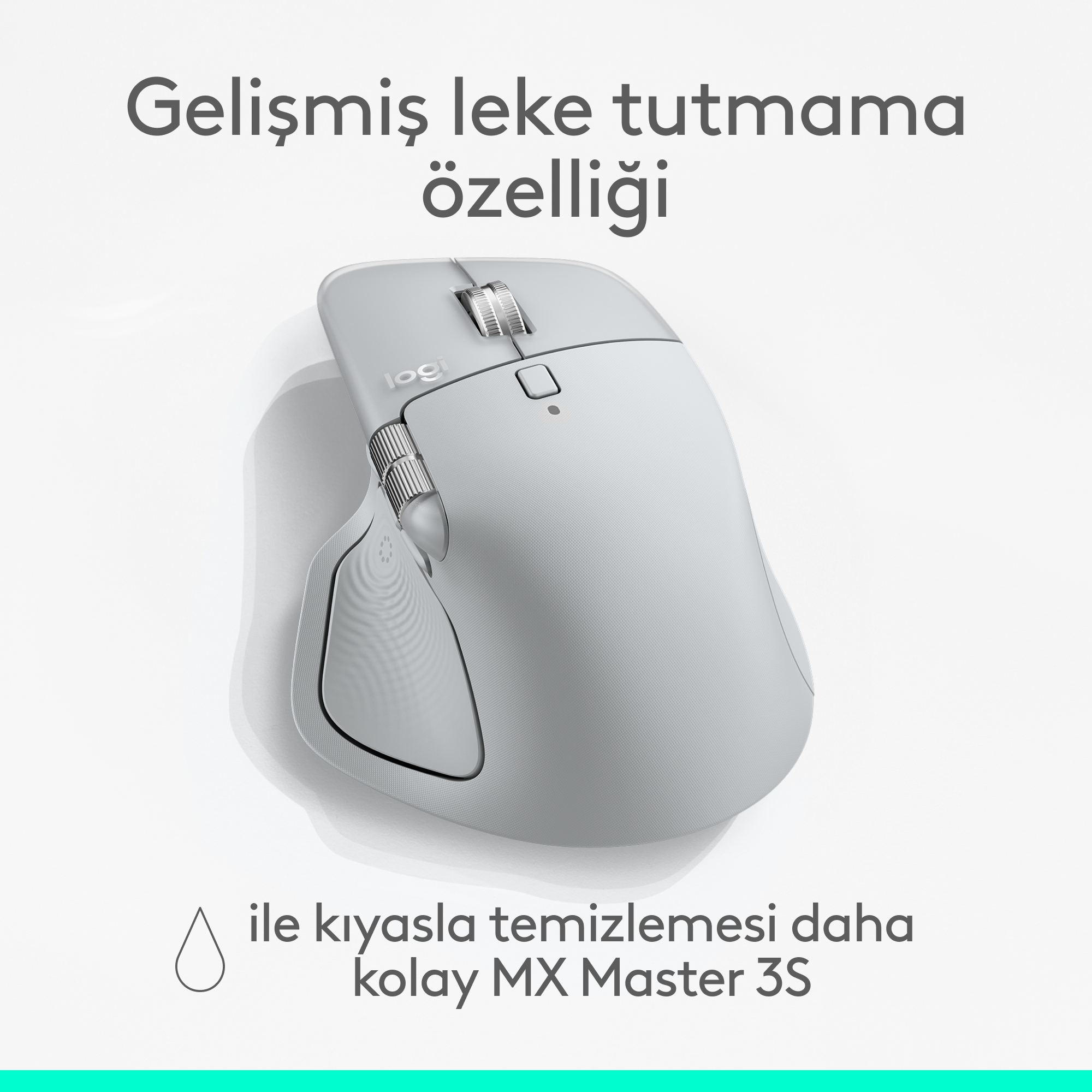 Beyaz arka plan üzerinde Türkçe tanıtım yazılı açık gri renkli Logitech MX Master 3S kablosuz fare.