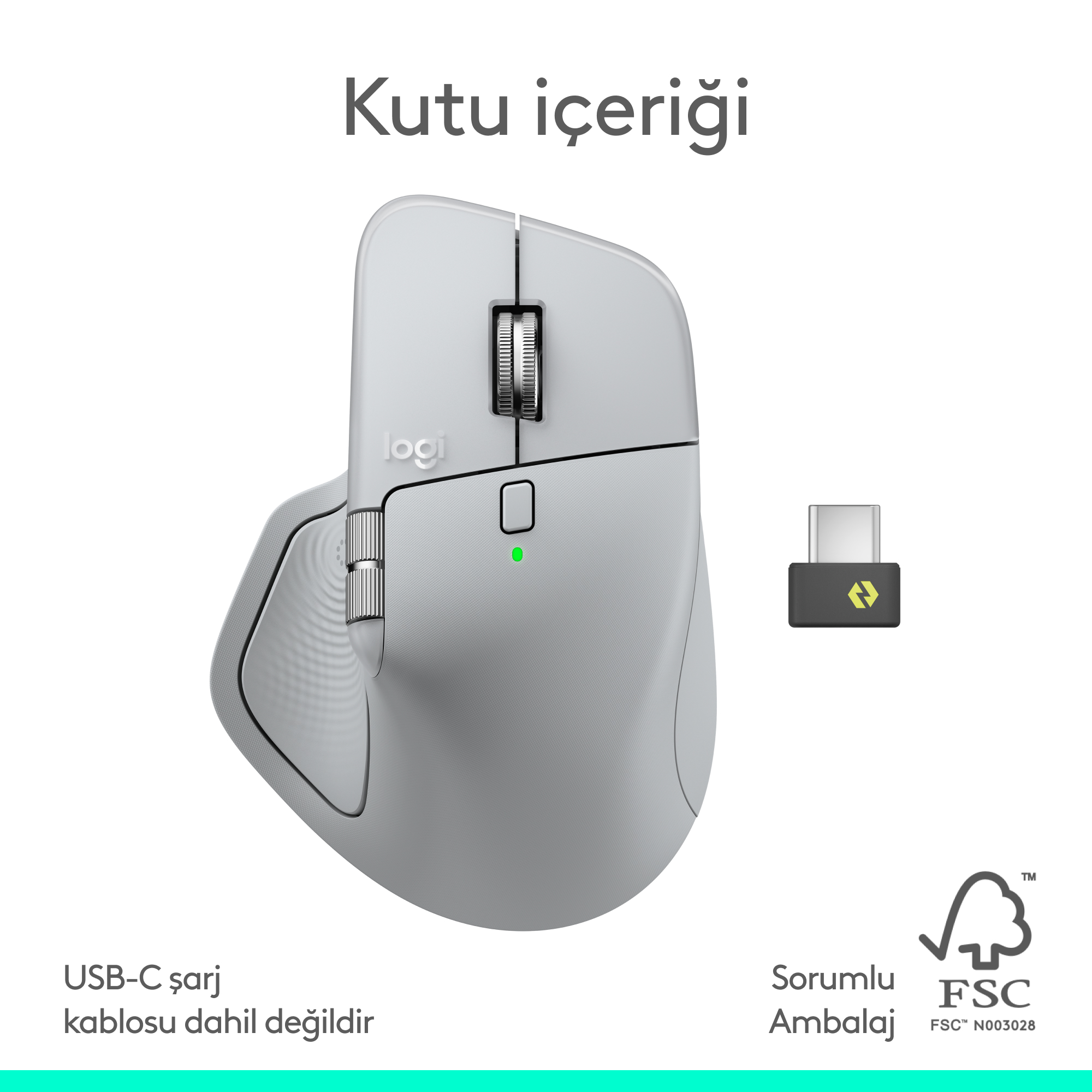 Beyaz arkaplanda metin, kaydırma tekerlekli gri kablosuz fare ve USB-C alıcı.