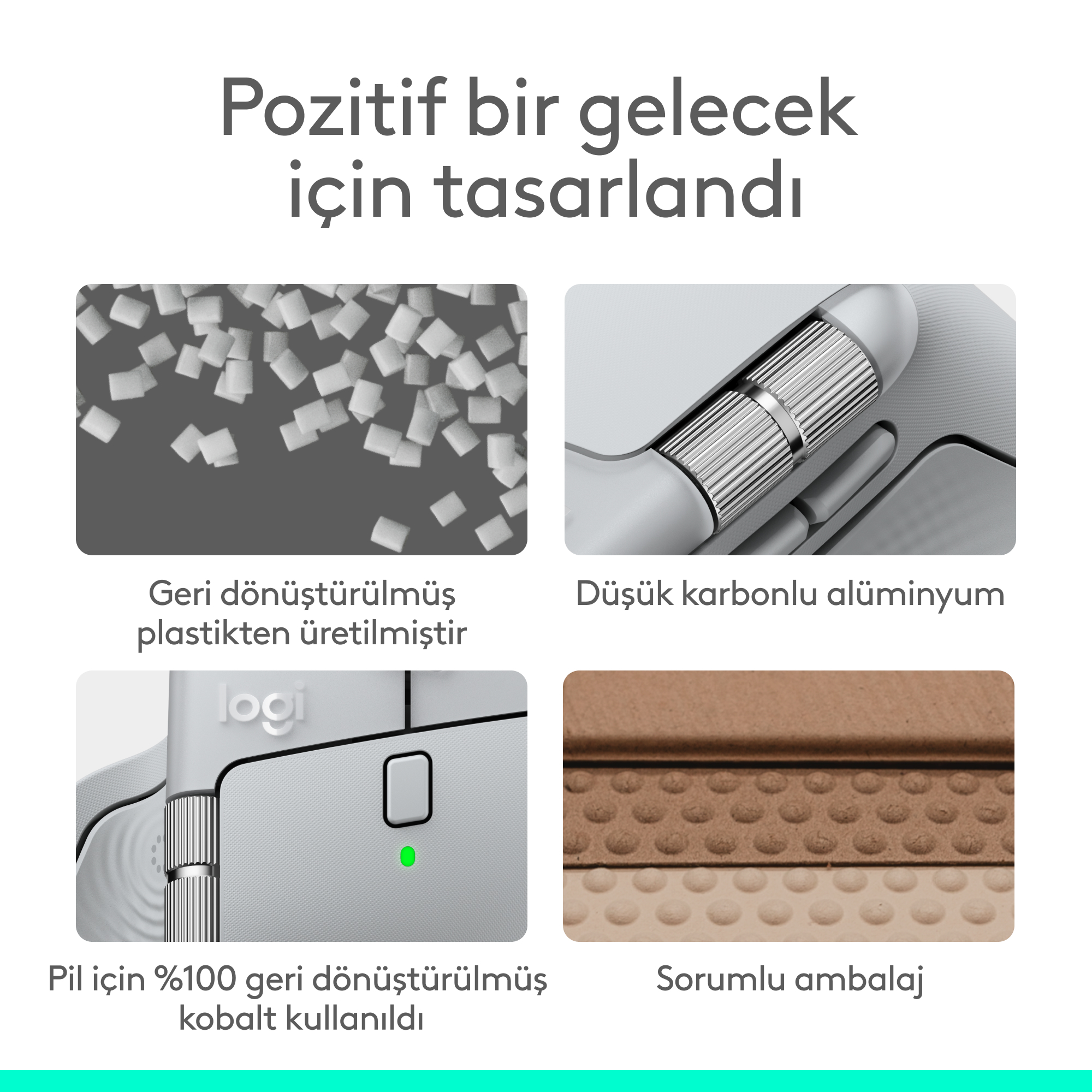 Dört görsel, geri dönüştürülmüş plastik ve alüminyum gibi sürdürülebilir malzemeler ile sorumlu ambalajı gösteriyor.