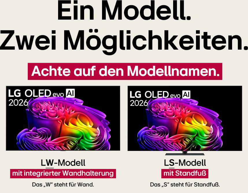 Werbung für zwei TV-Modelle: LW-Modell mit Wandhalterung und LS-Modell mit Standfuß.