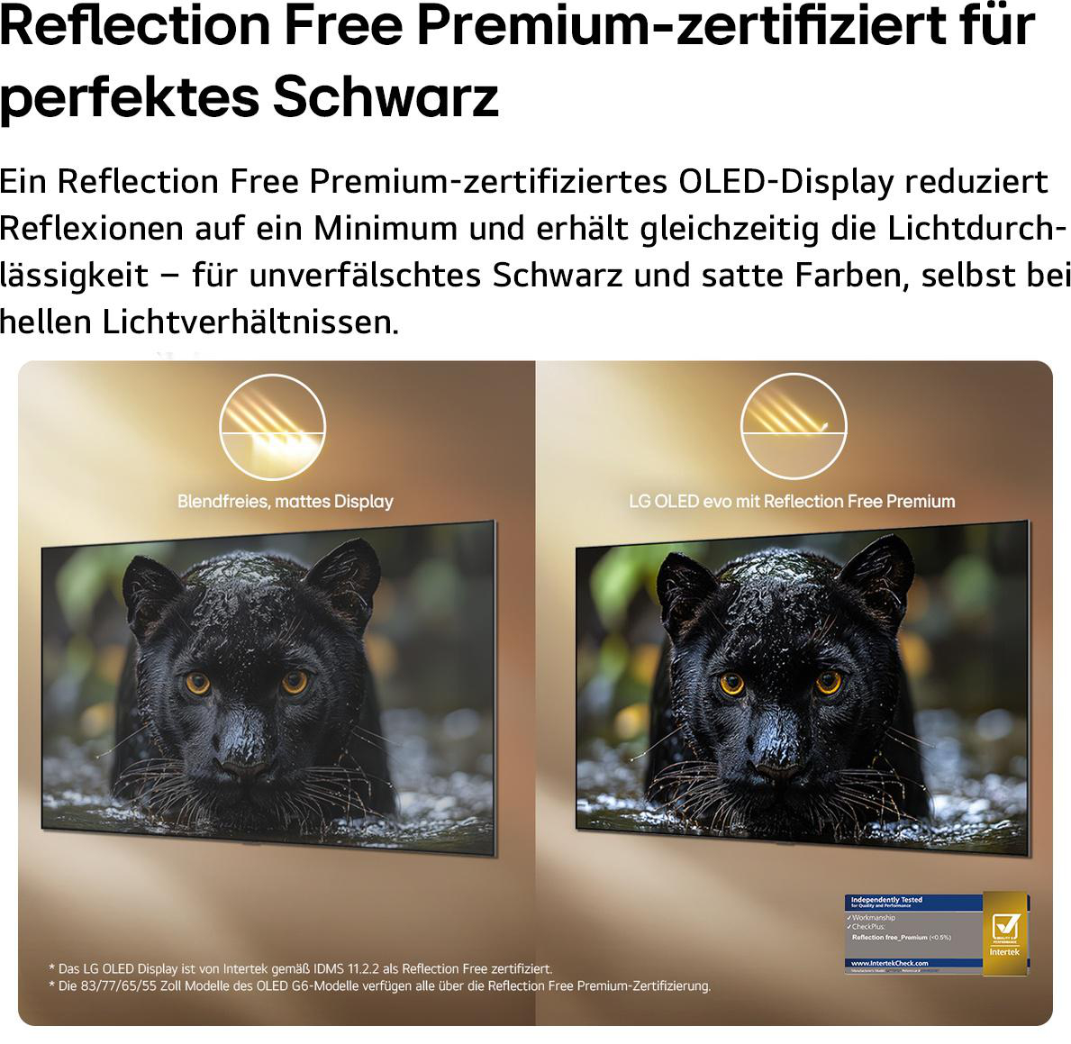 Vergleich eines matten Displays mit Spiegelung und einem LG OLED evo Bildschirm mit einem schwarzen Panther.
