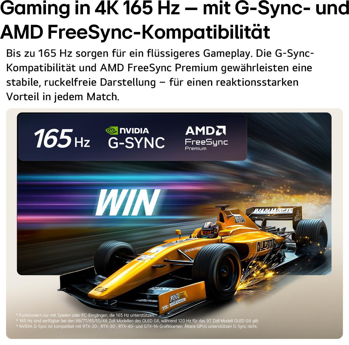 Ein orangefarbenes Rennauto rast vorbei, wirbt für 165Hz Gaming mit G-Sync und FreeSync.