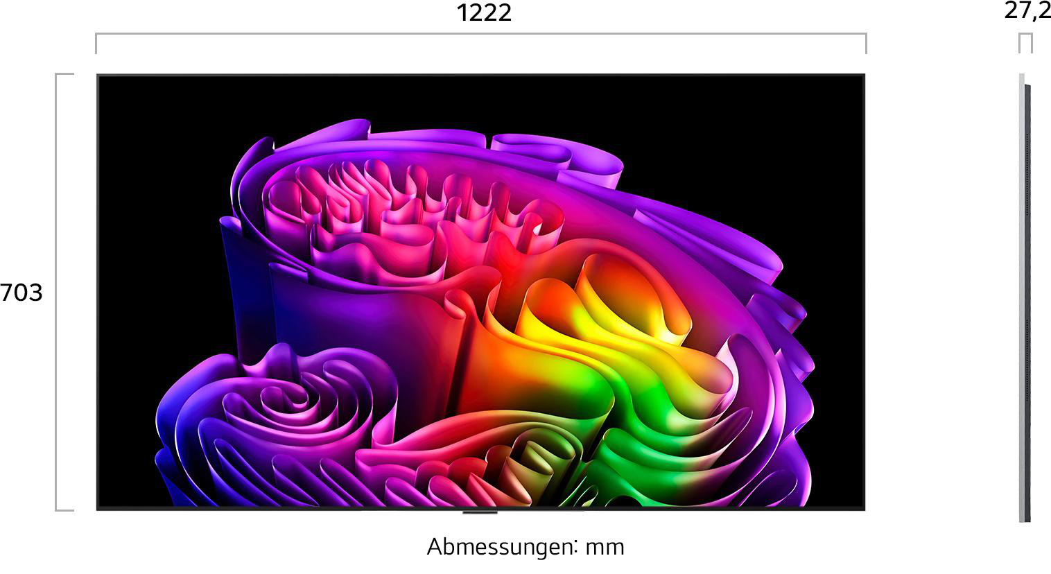 Diagramm zeigt Fernseherabmessungen: Breite 1222 mm, Höhe 703 mm und Tiefe 27,2 mm.
