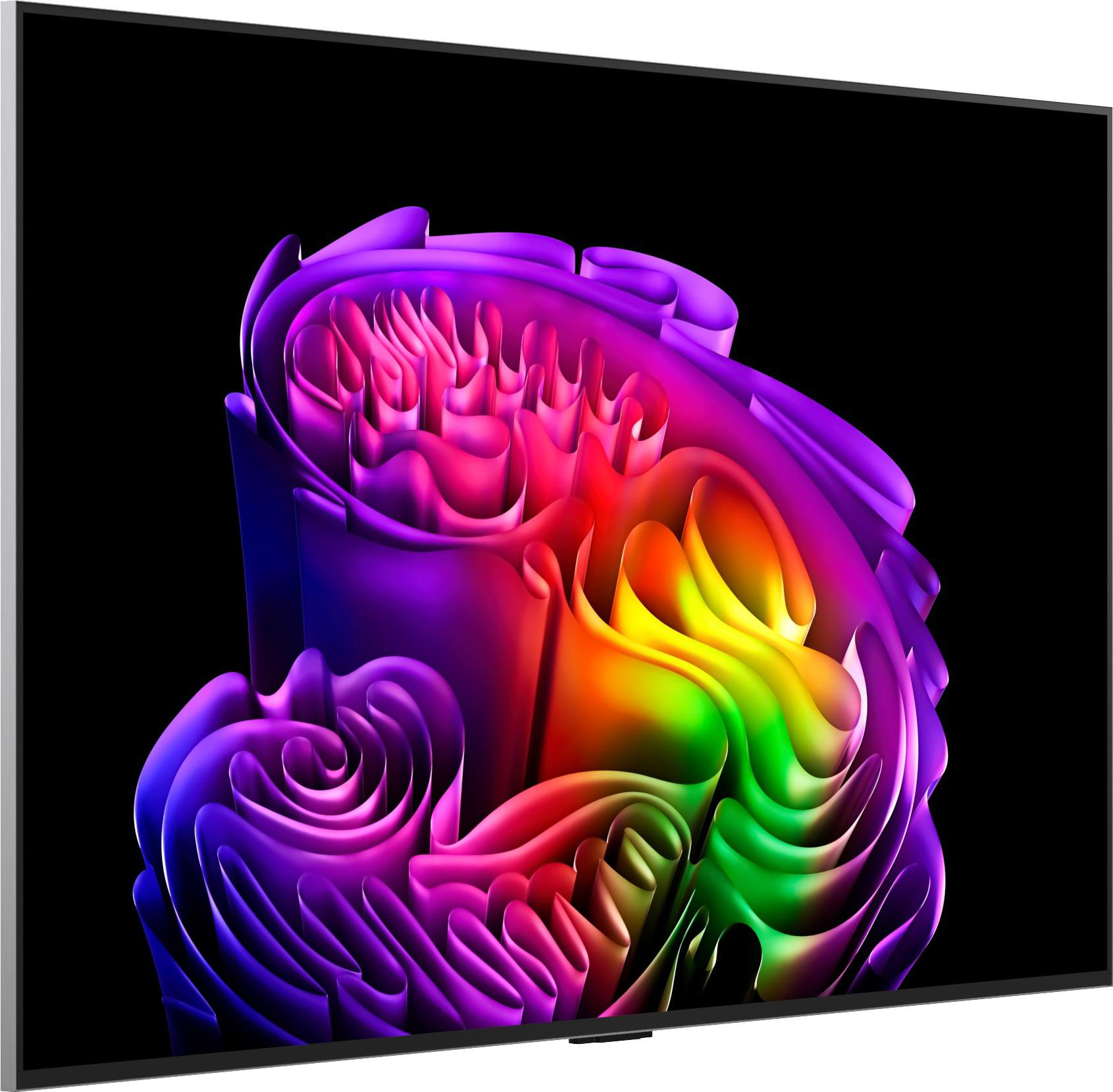 Ein moderner Fernseher zeigt ein lebendiges, buntes abstraktes Banddesign auf schwarzem Hintergrund.