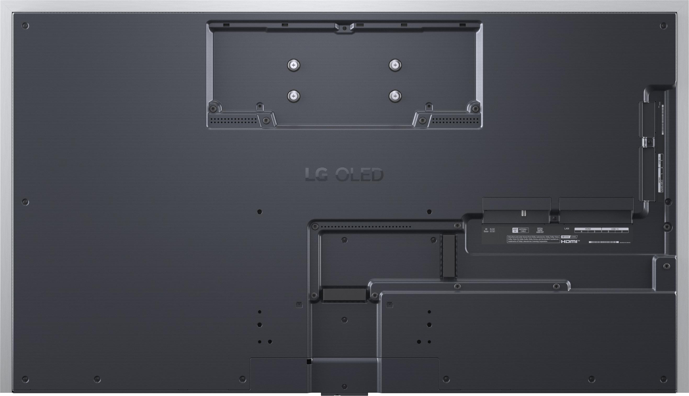 Rückseite eines dunkelgrauen LG OLED Fernseher mit VESA-Halterungslöchern, Anschlüssen und Logo.