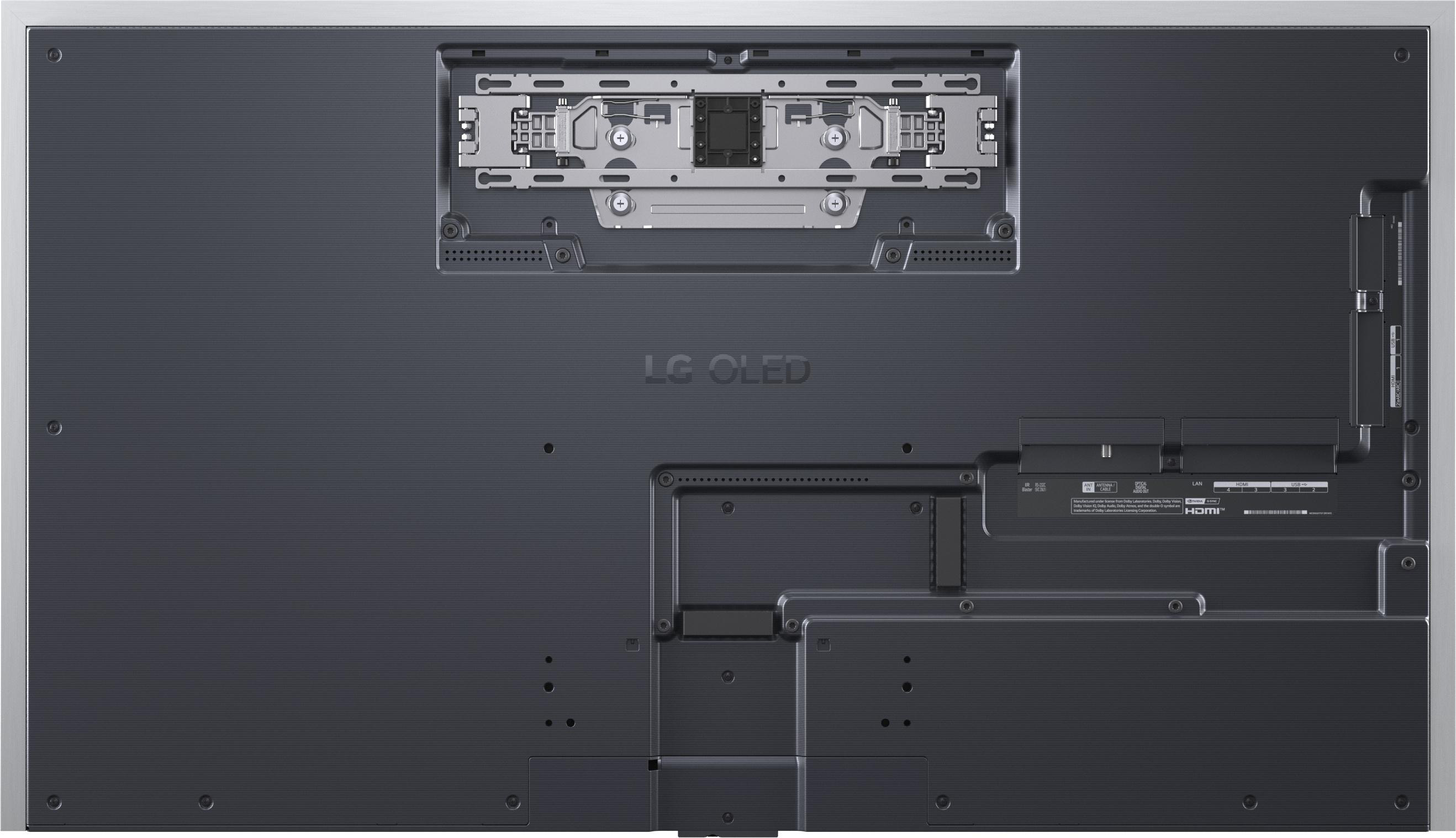 Rückansicht eines LG OLED-Fernsehers mit strukturierter dunkelgrauer Rückwand, Wandhalterung und Anschlüssen.