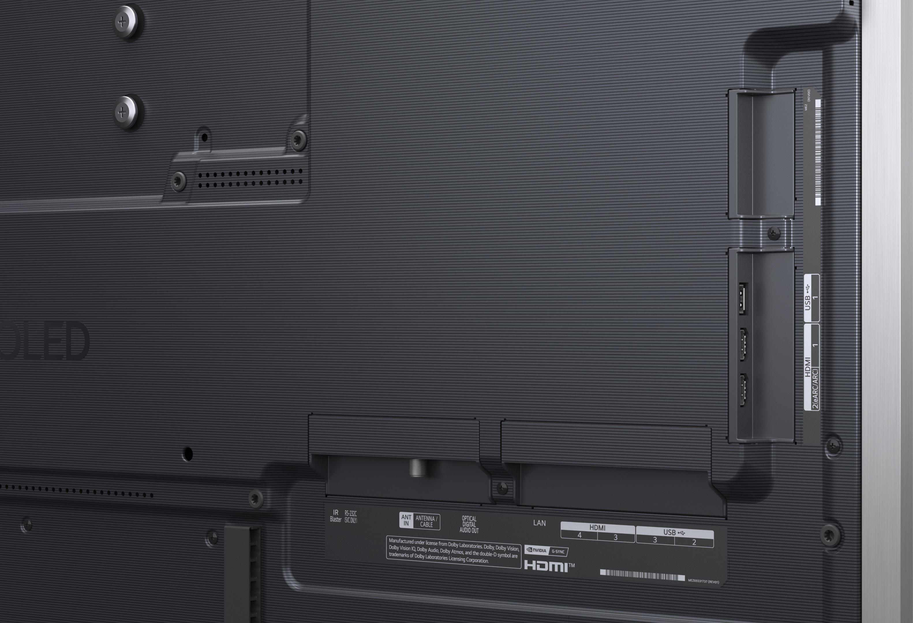 Rückseite eines modernen Fernsehers mit verschiedenen Anschlüssen wie HDMI, USB und LAN.