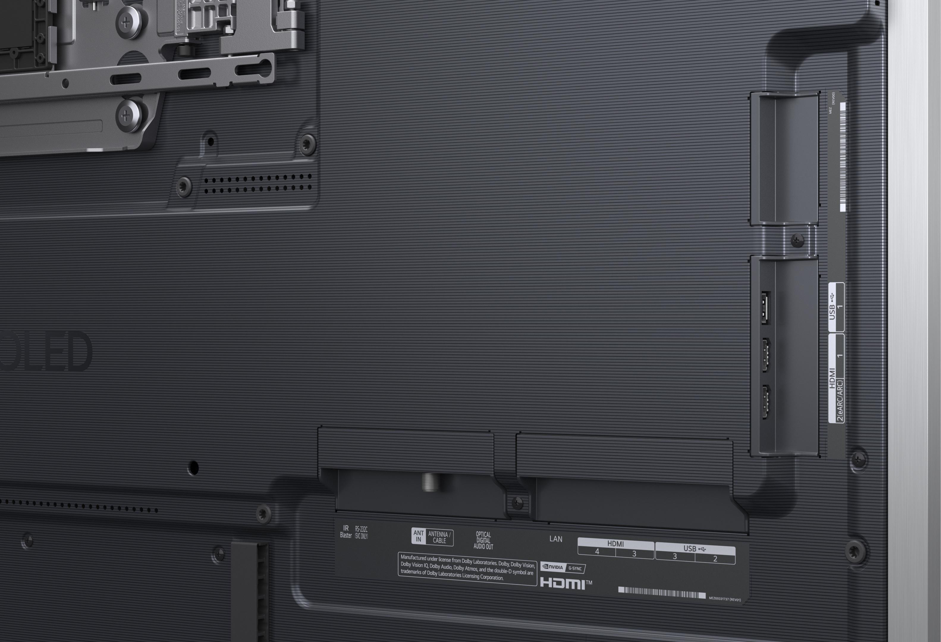 Rückseite eines schwarzen Fernsehers mit verschiedenen Anschlussports wie HDMI, USB und LAN.