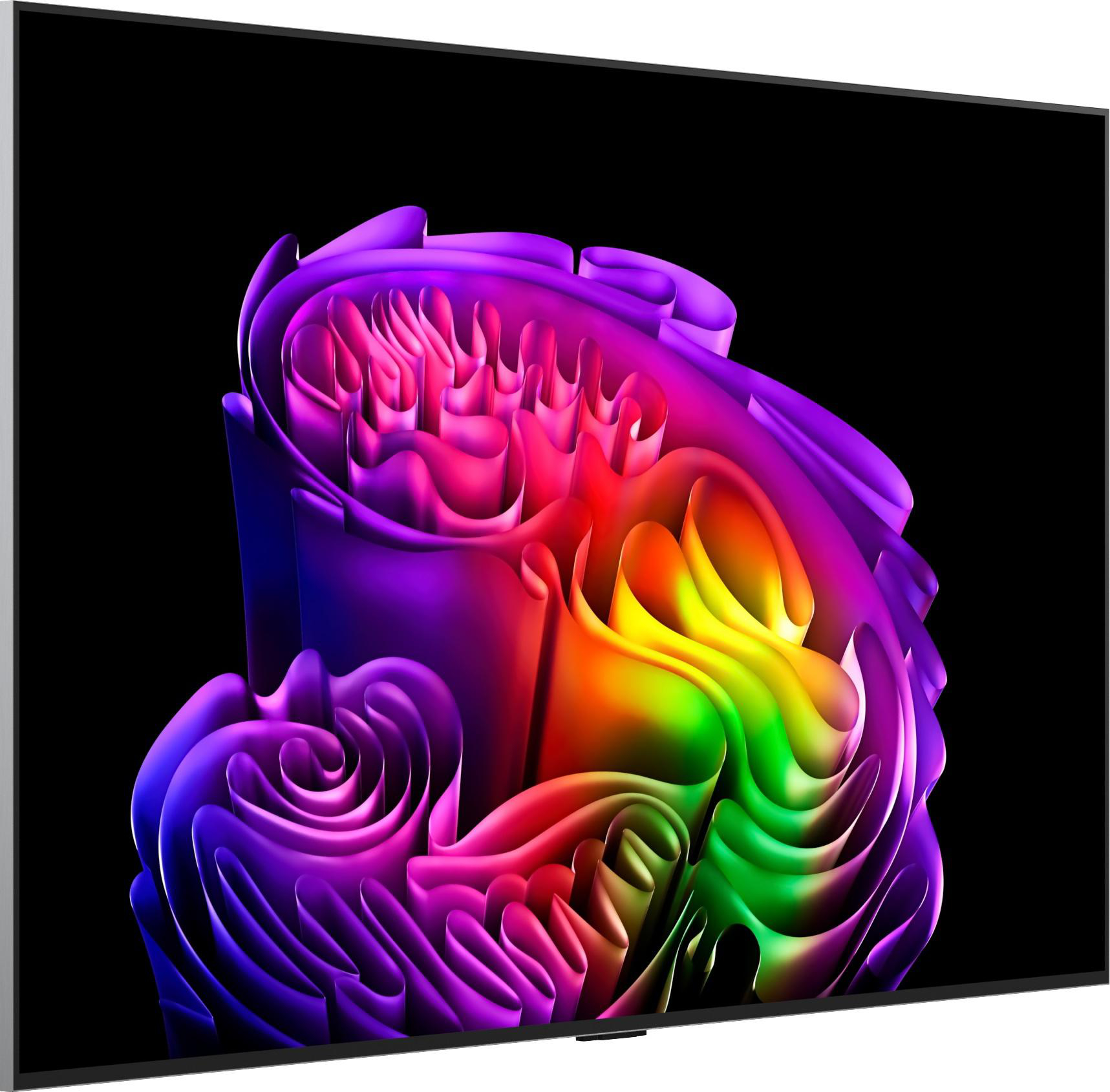 Ein Fernseher zeigt eine abstrakte, mehrfarbige Skulptur aus geschwungenen, leuchtenden Bändern auf schwarzem Hintergrund.