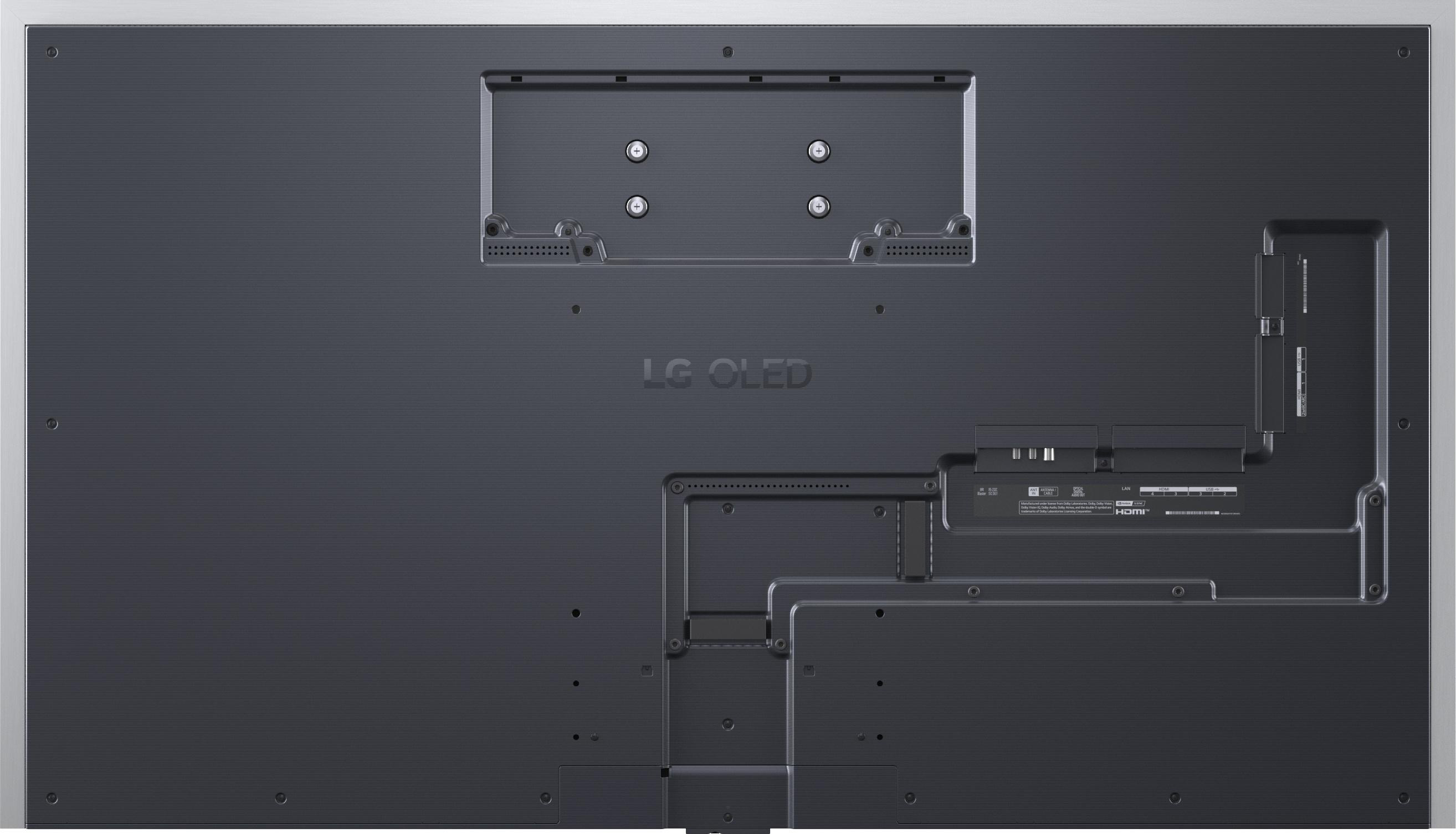 Die graue Rückseite eines LG OLED Fernsehers mit VESA-Halterung und verschiedenen Anschlüssen.