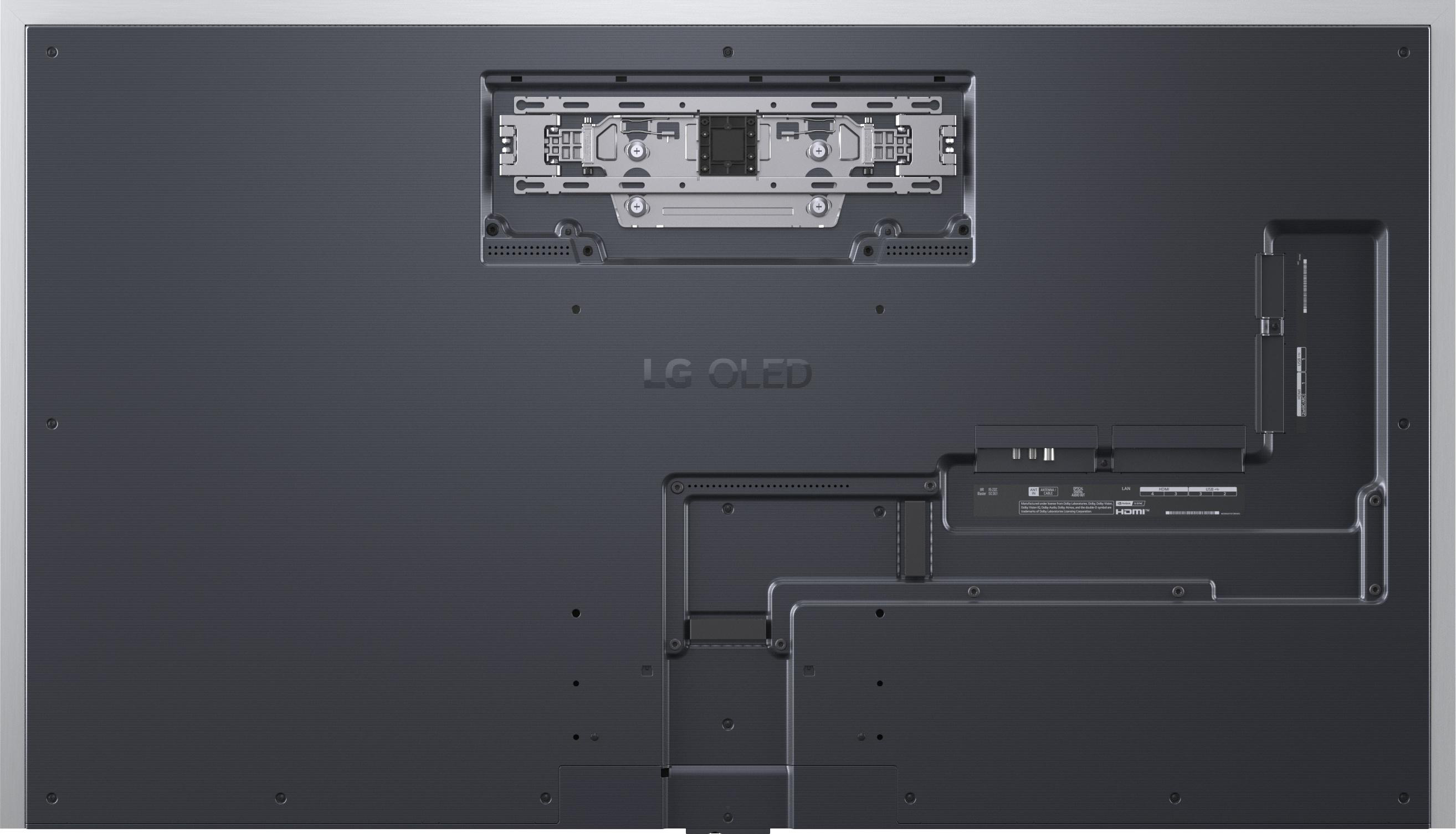 Rückseite eines LG OLED Fernsehers mit VESA-Halterung und integrierten Anschlussfeldern.
