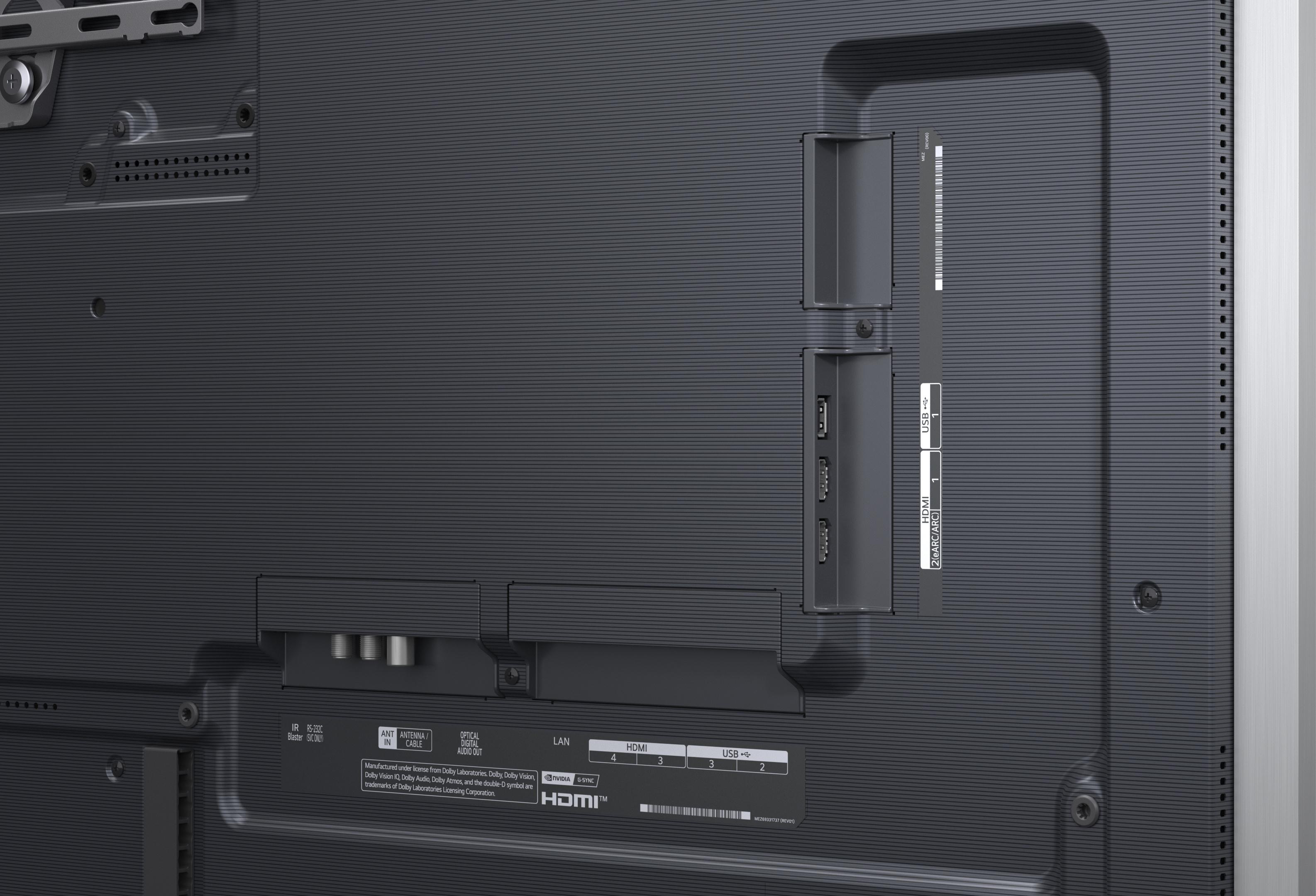 Die dunkelgraue Rückseite eines Fernsehers zeigt verschiedene Anschlüsse wie HDMI, USB und Antenne.