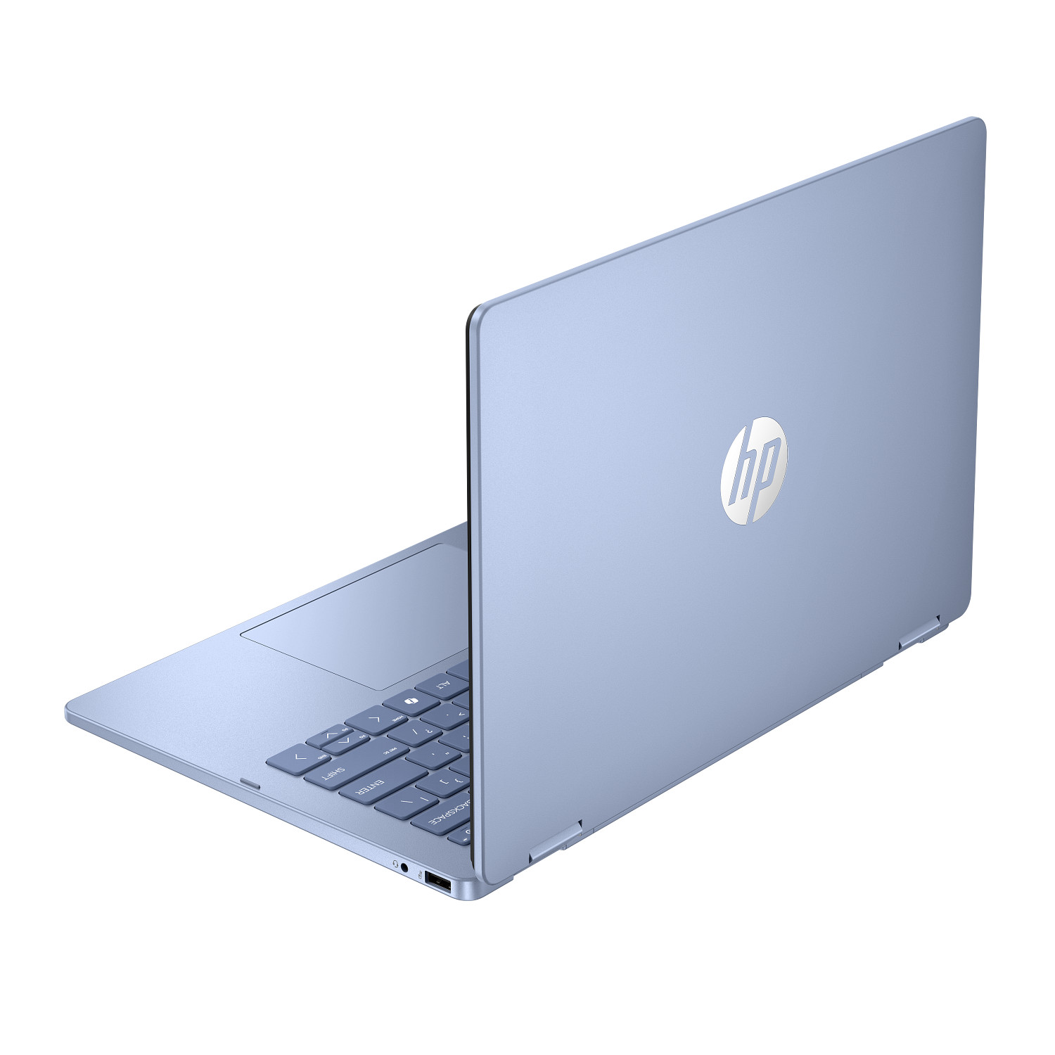 Una computadora portátil HP azul con la pantalla parcialmente cerrada que muestra el logo de HP, sobre fondo blanco.