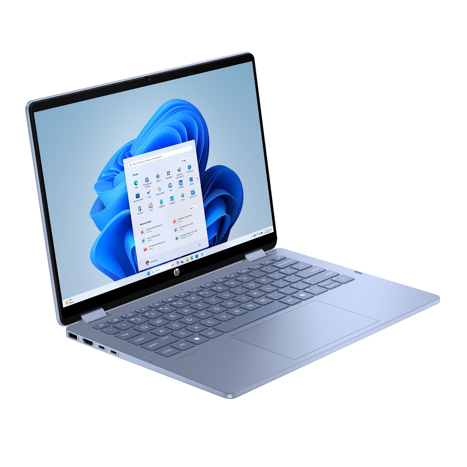 Un portátil HP azul con la pantalla abierta y el menú de inicio de Windows sobre fondo blanco.