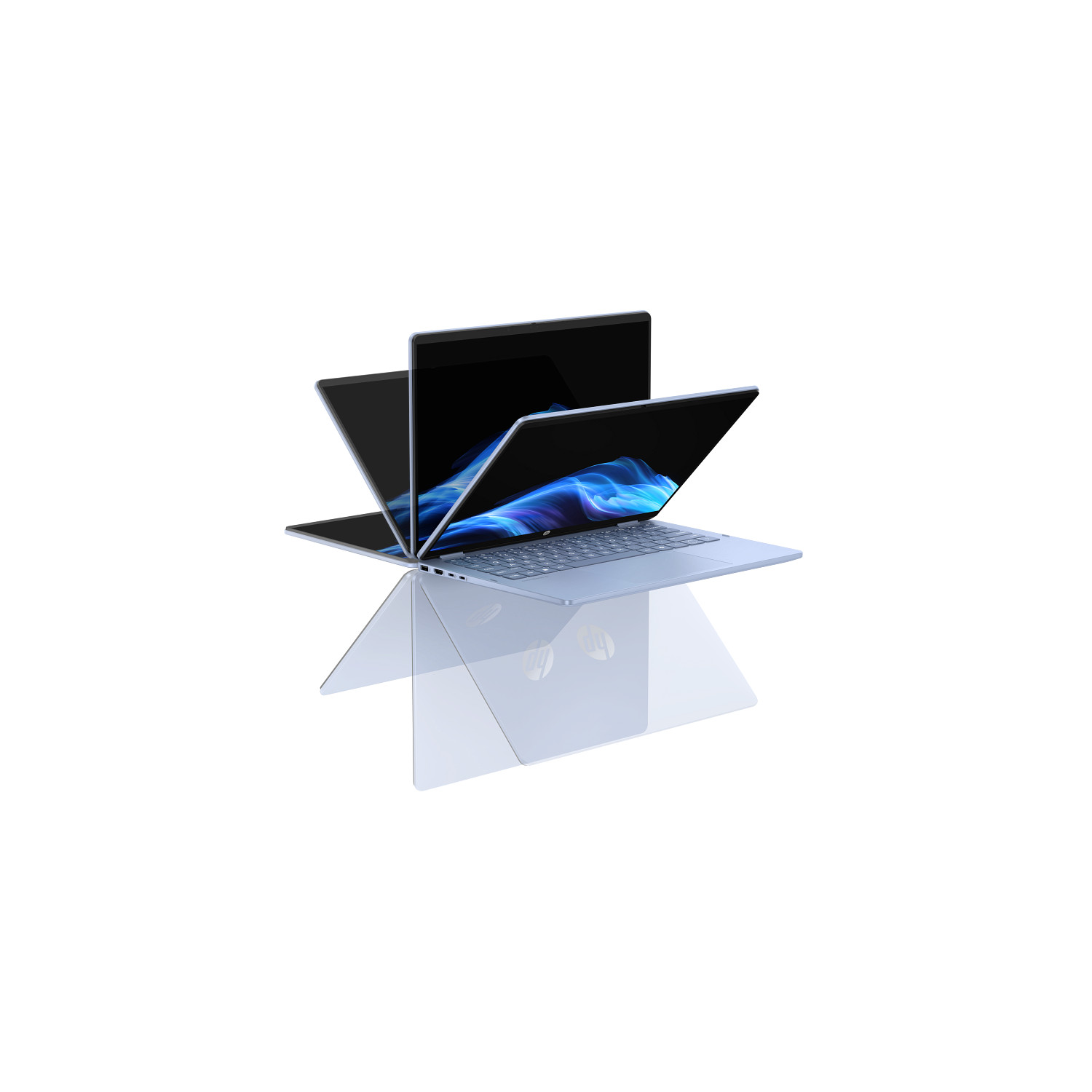 Varios ordenadores portátiles plateados con pantallas azules están dispuestos en formación circular sobre una superficie reflectante.