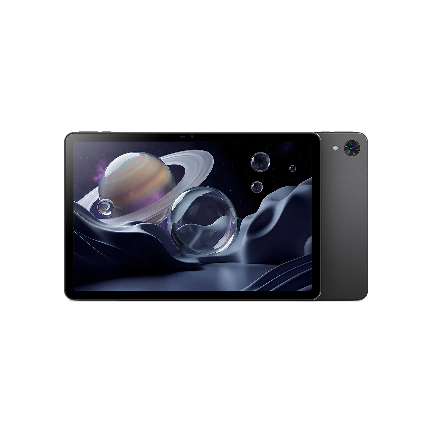 Una tableta gris muestra un fondo de pantalla espacial con planetas y burbujas en la pantalla, sobre fondo negro.
