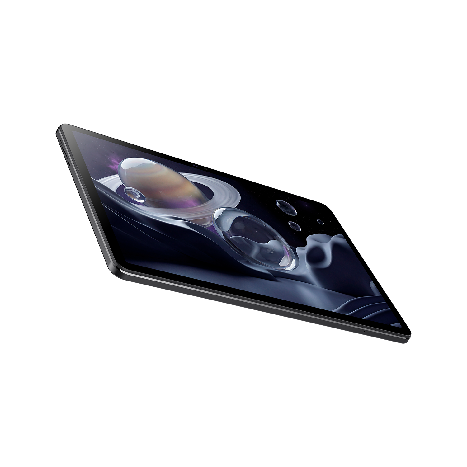 Una tablet negra sobre fondo oscuro muestra una pantalla futurista con un planeta tipo Saturno y burbujas.