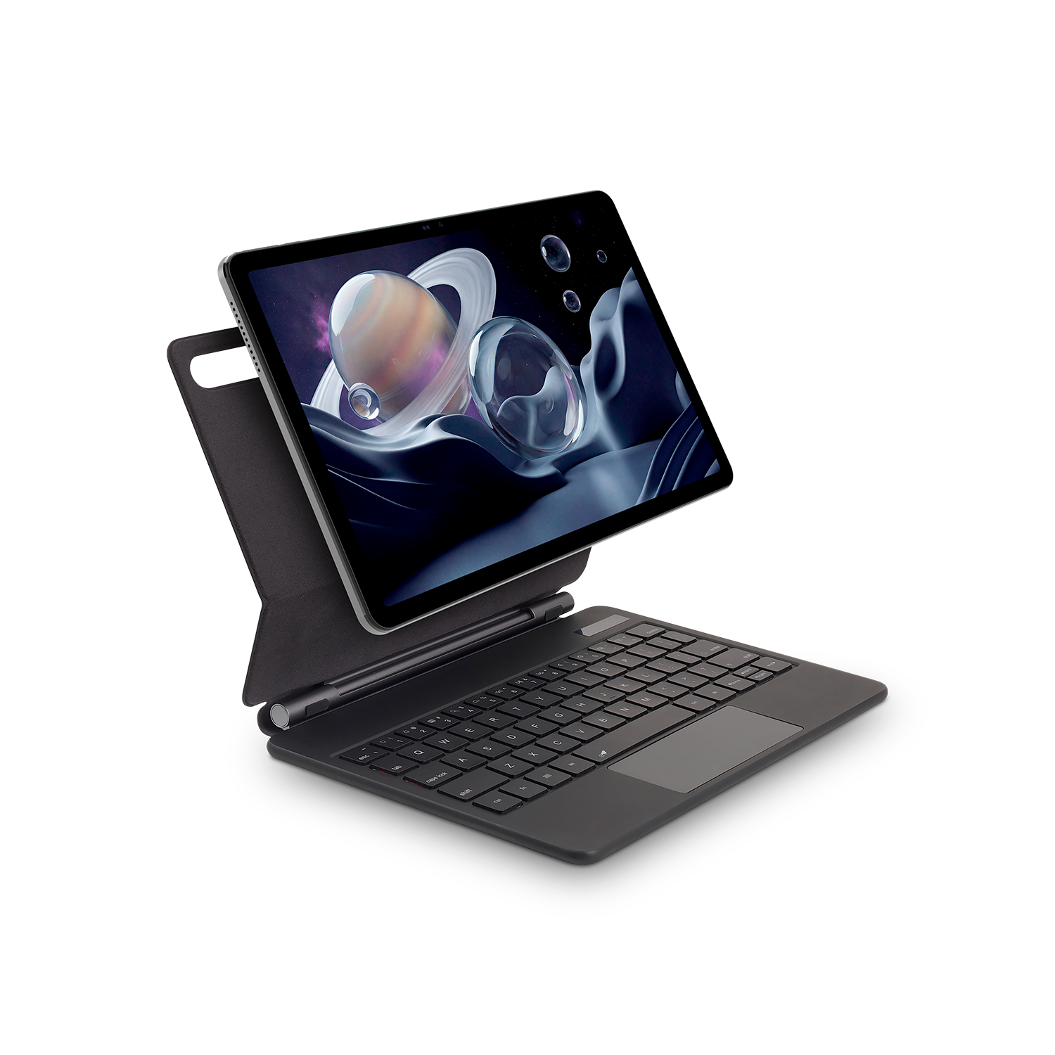 Una tableta oscura con funda de teclado y fondo espacial sobre un fondo negro.