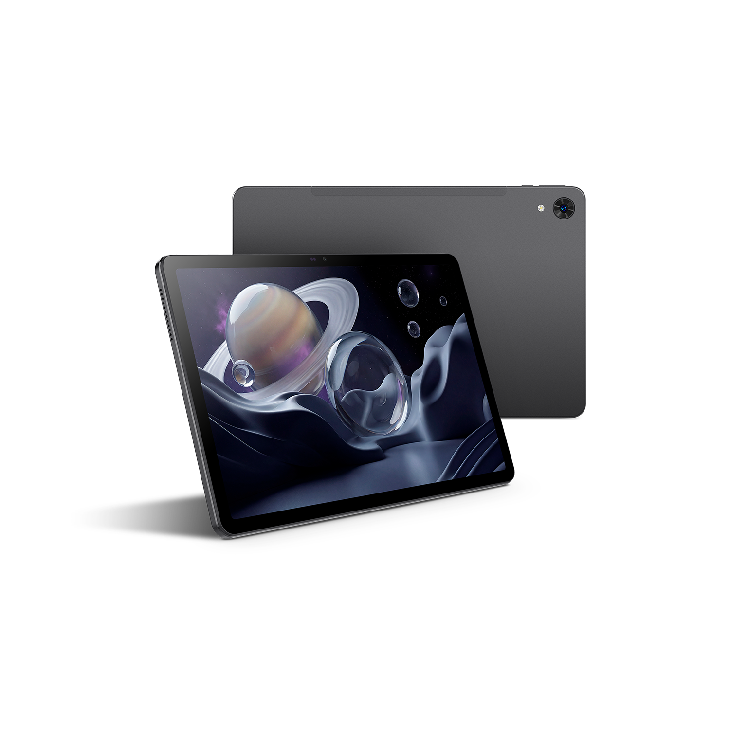 Dos tabletas grises sobre un fondo negro, una muestra la pantalla y la otra la parte trasera.
