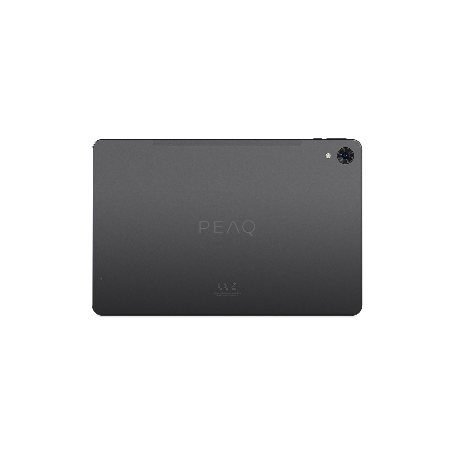 Parte trasera de una tableta PEAQ gris sobre fondo negro con cámara y logotipo.