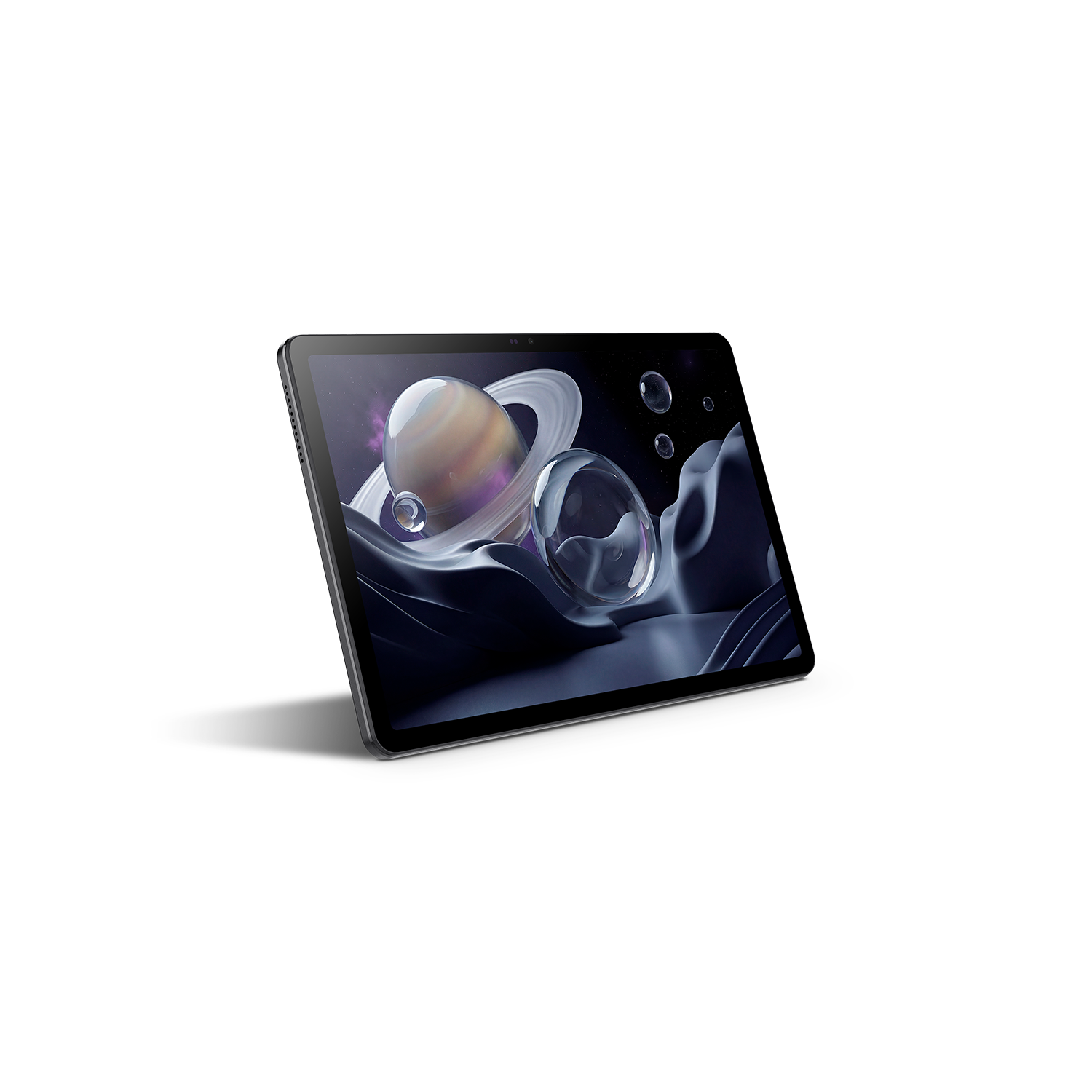 Una tablet negra muestra un fondo surrealista con un planeta y esferas flotantes sobre fondo negro.