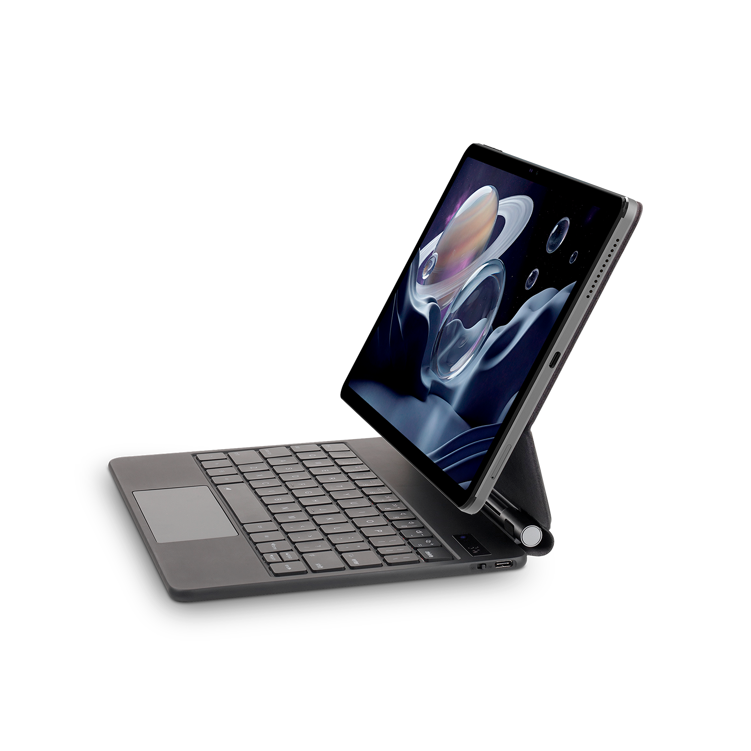 Una tablet con teclado y trackpad sobre fondo negro, la pantalla muestra un colorido fondo de pantalla espacial.