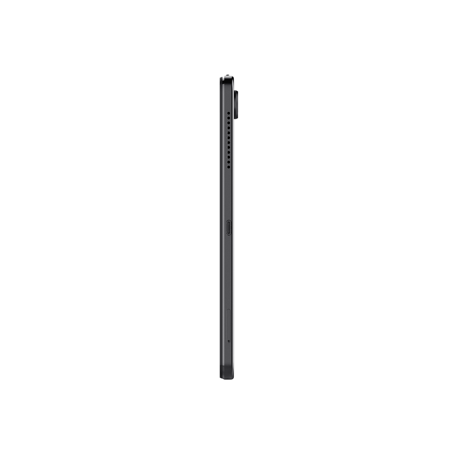 Perfil lateral de una tableta negra con rejillas de altavoz, botón de encendido y cámara sobre fondo negro.