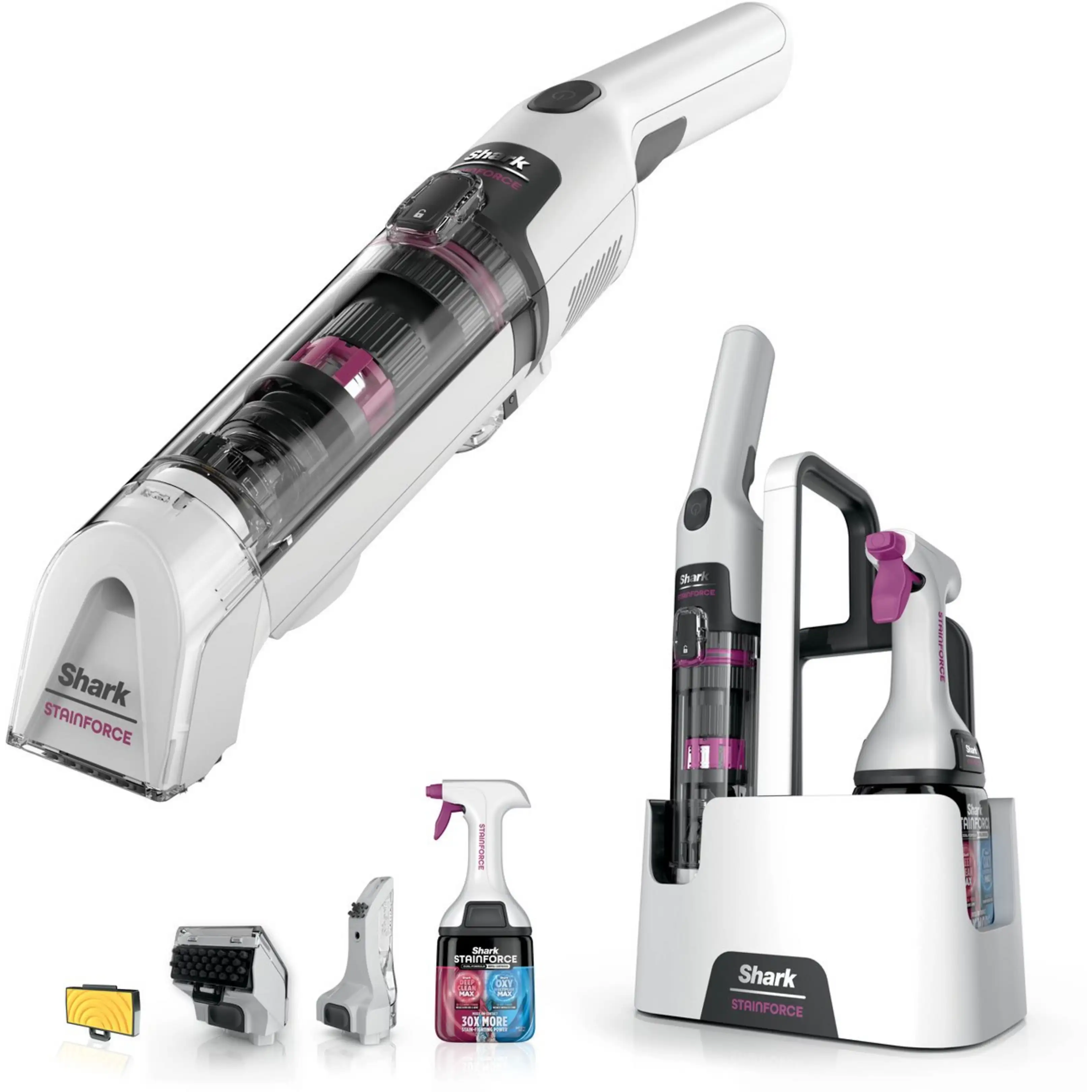 Aspiradora de mano Shark StainForce con accesorios y base de carga en blanco.