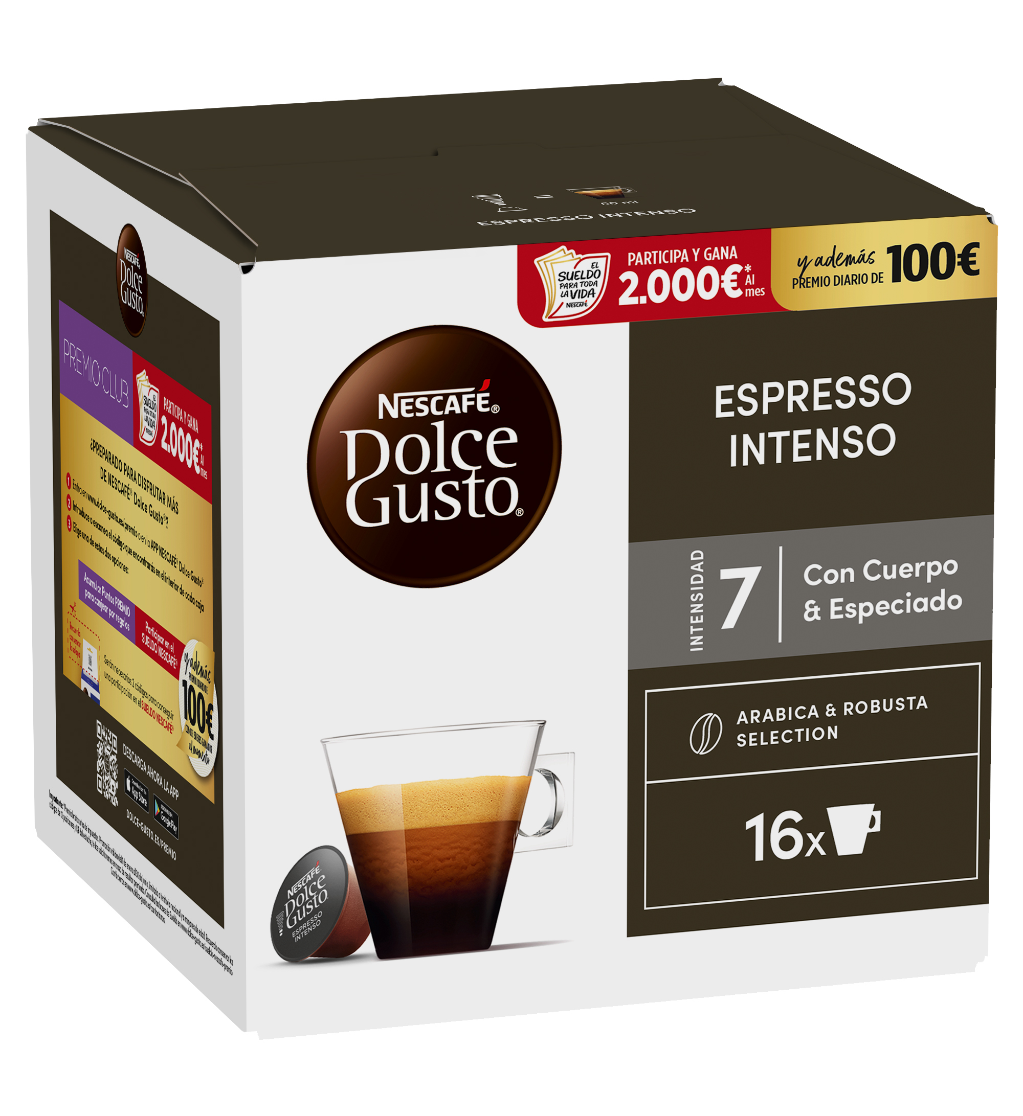 Una caja de cápsulas de café Nescafe Dolce Gusto Espresso Intenso, con una taza de espresso y una cápsula.