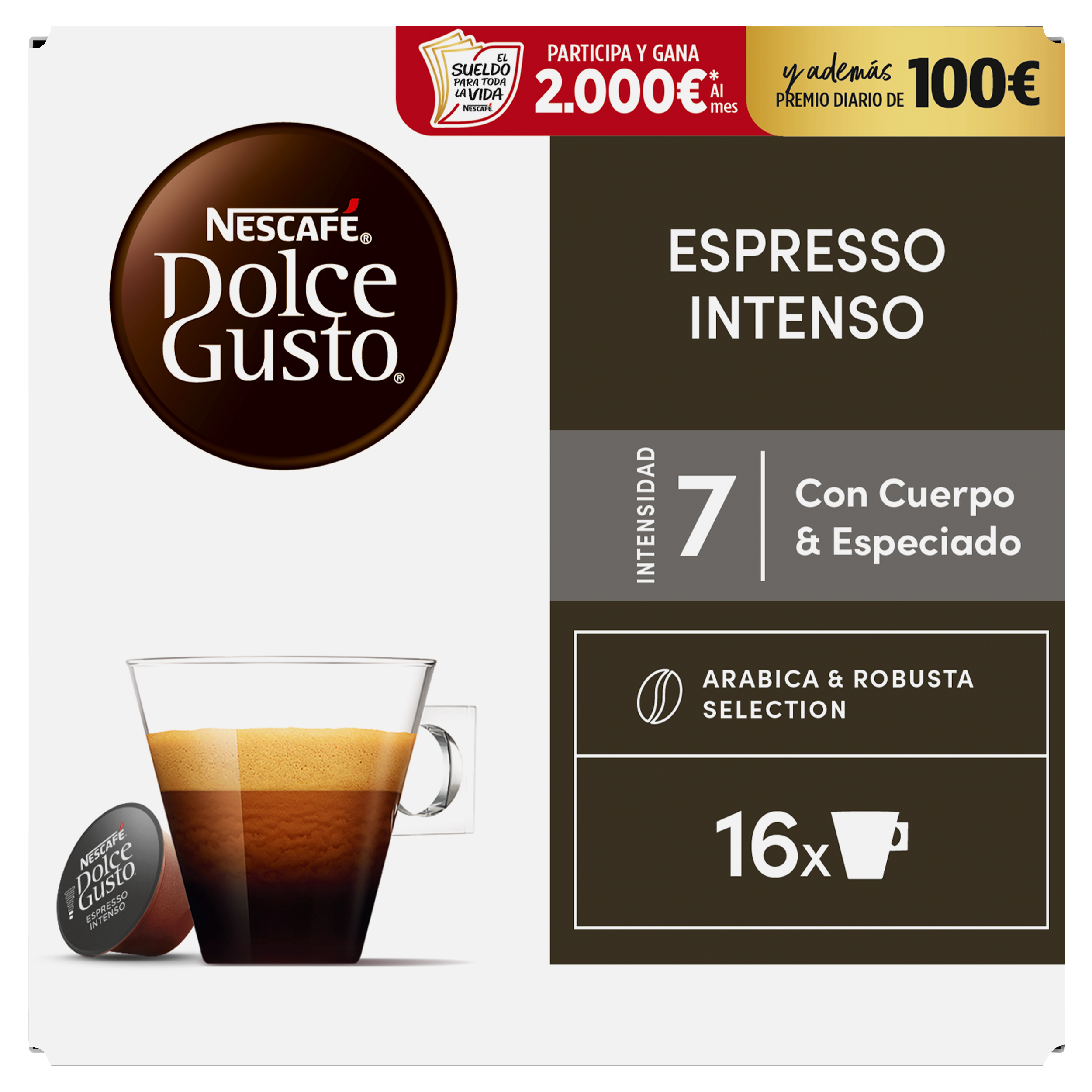 Caja de cápsulas de café Nescafé Dolce Gusto Espresso Intenso con una taza de espresso e intensidad 7.