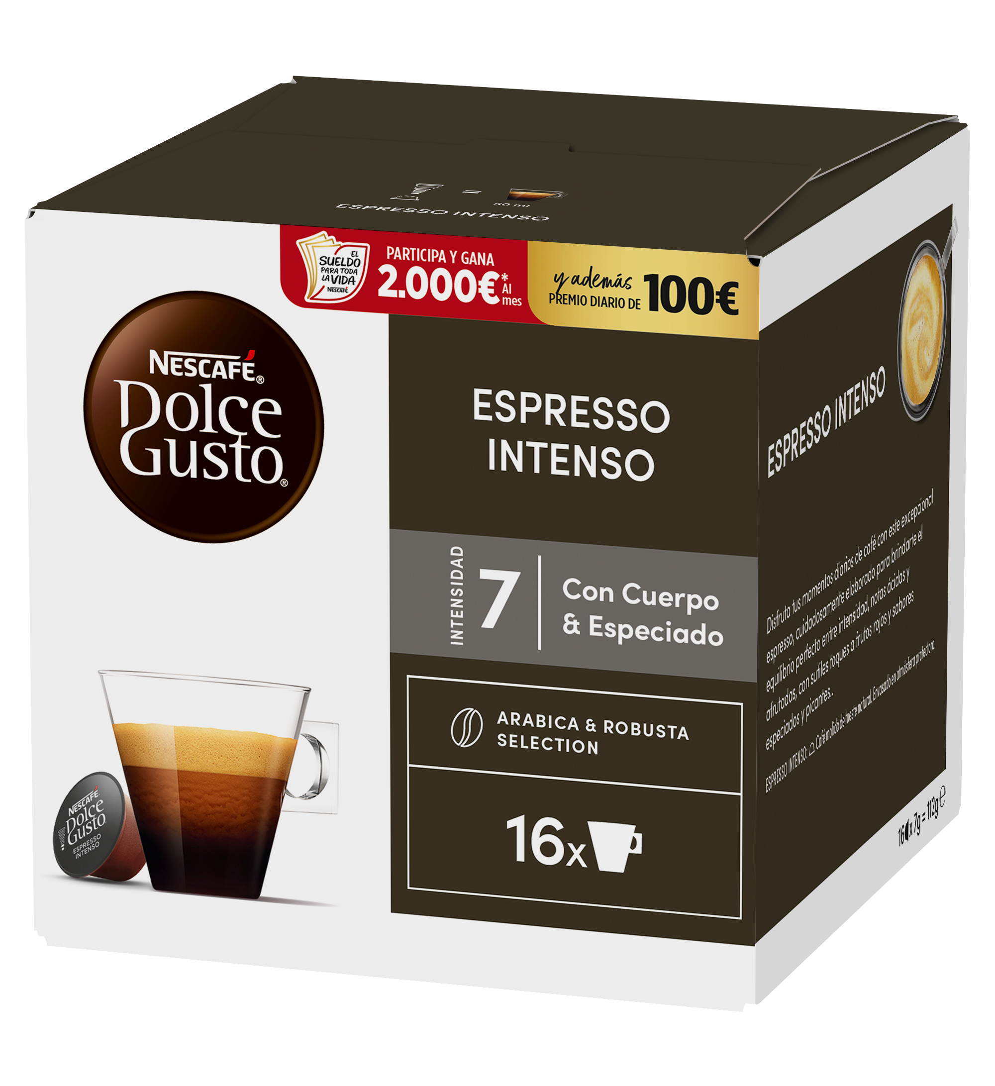 Caja de cápsulas de café Nescafe Dolce Gusto Espresso Intenso en blanco y marrón con 16 cápsulas.
