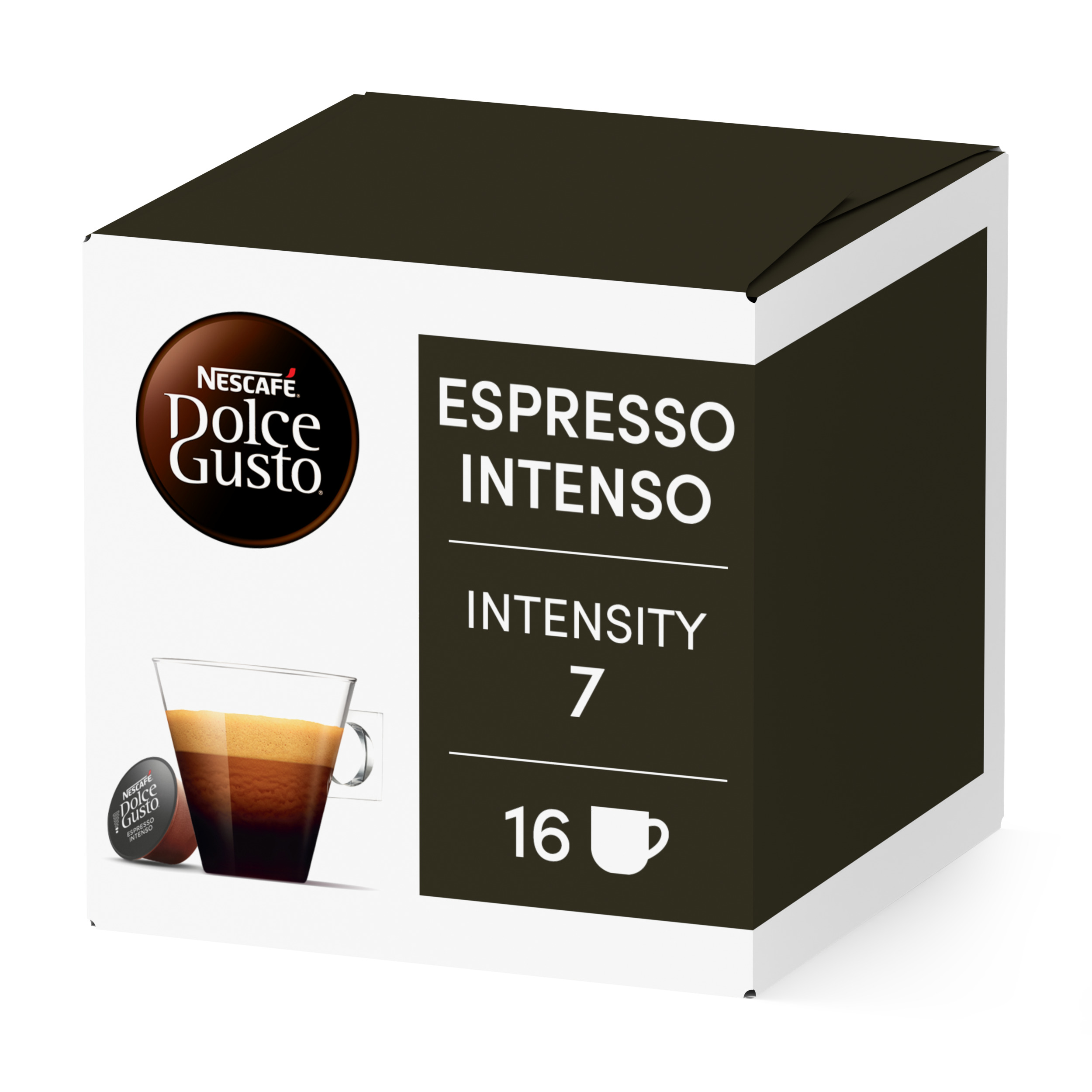 Una caja blanca y marrón oscura de cápsulas Nescafe Dolce Gusto Espresso Intenso que muestra la imagen de una taza de café.