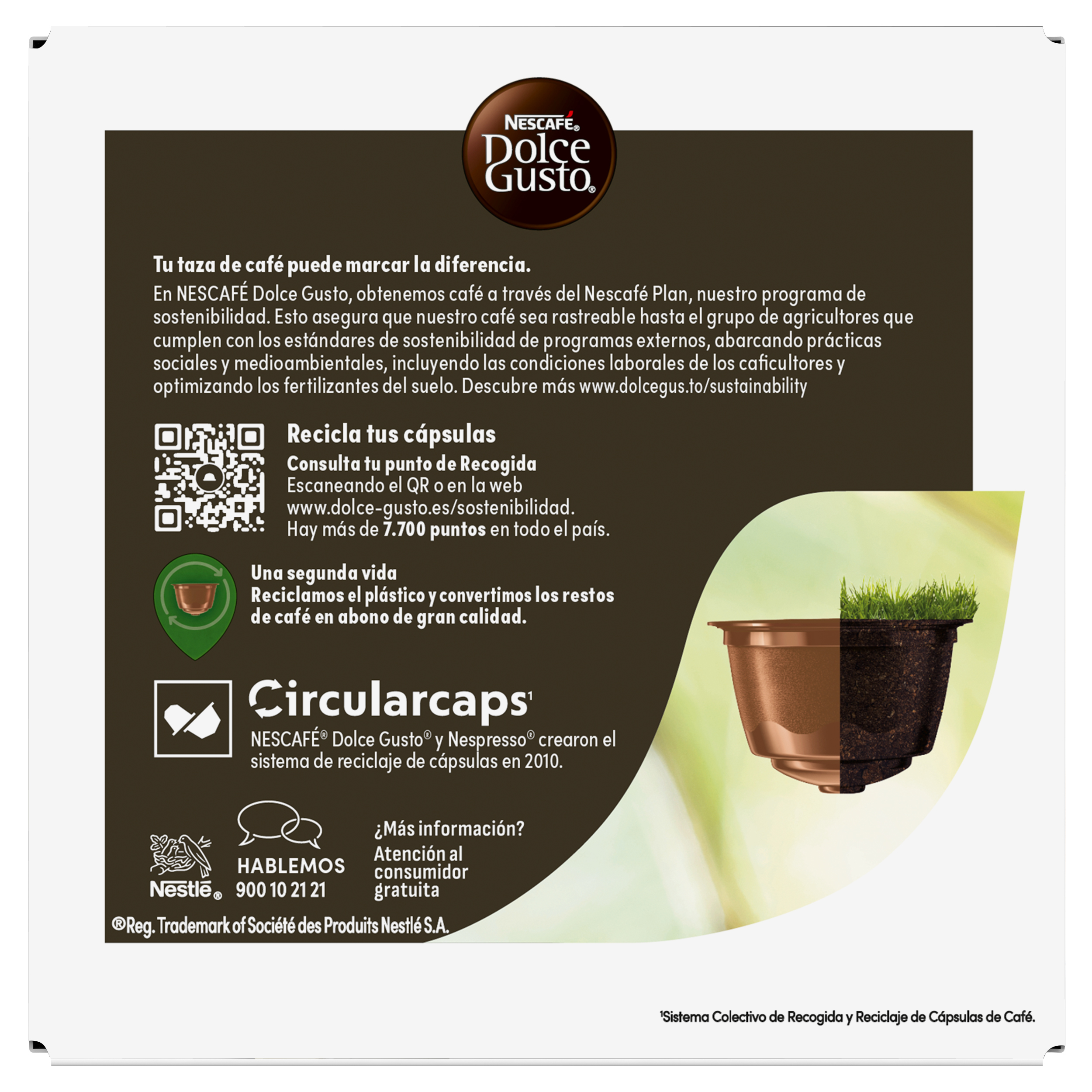 Infografía de sostenibilidad y reciclaje de Nescafé Dolce Gusto con una cápsula de café y texto.