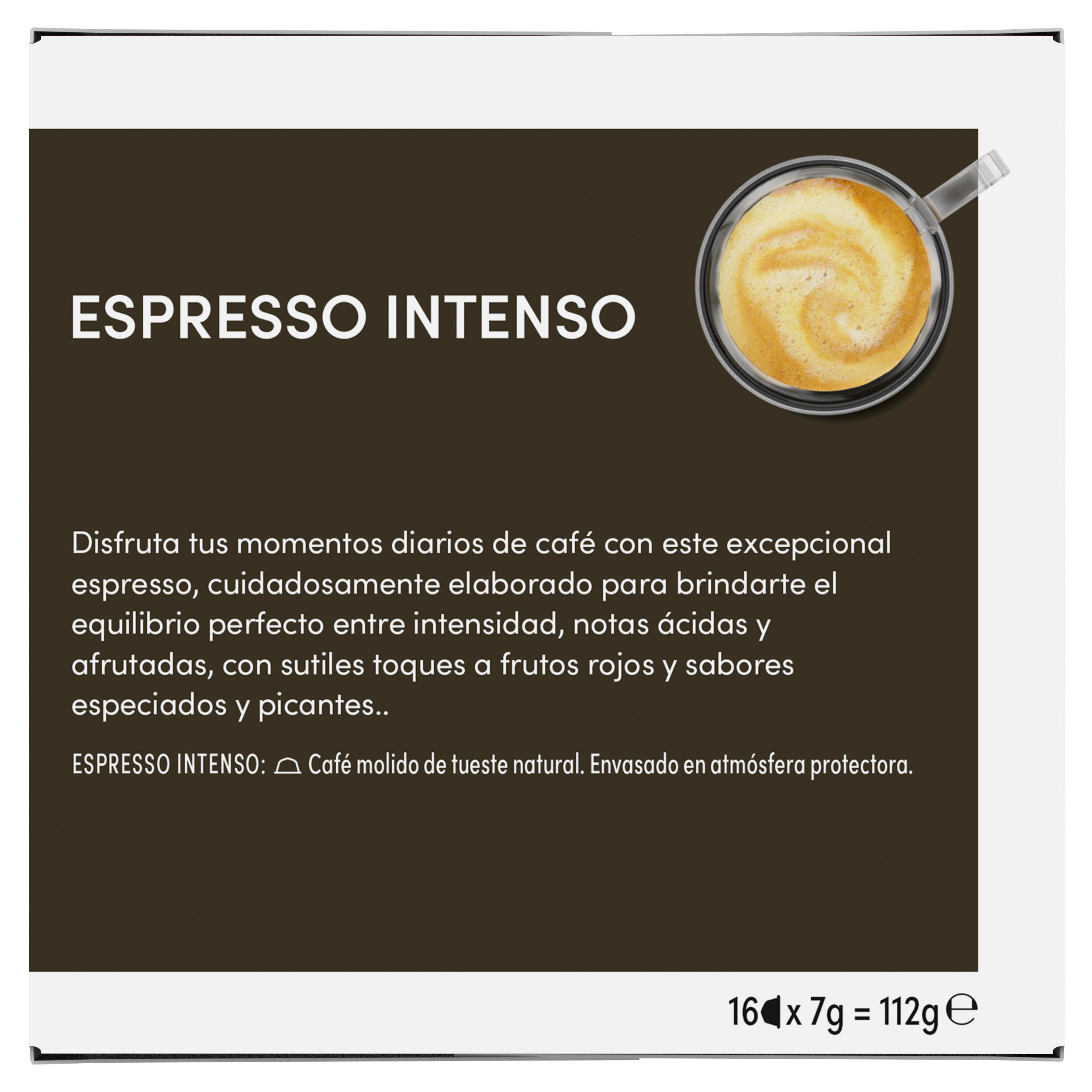 Envase de café Espresso Intenso con taza de café, descripción y peso.