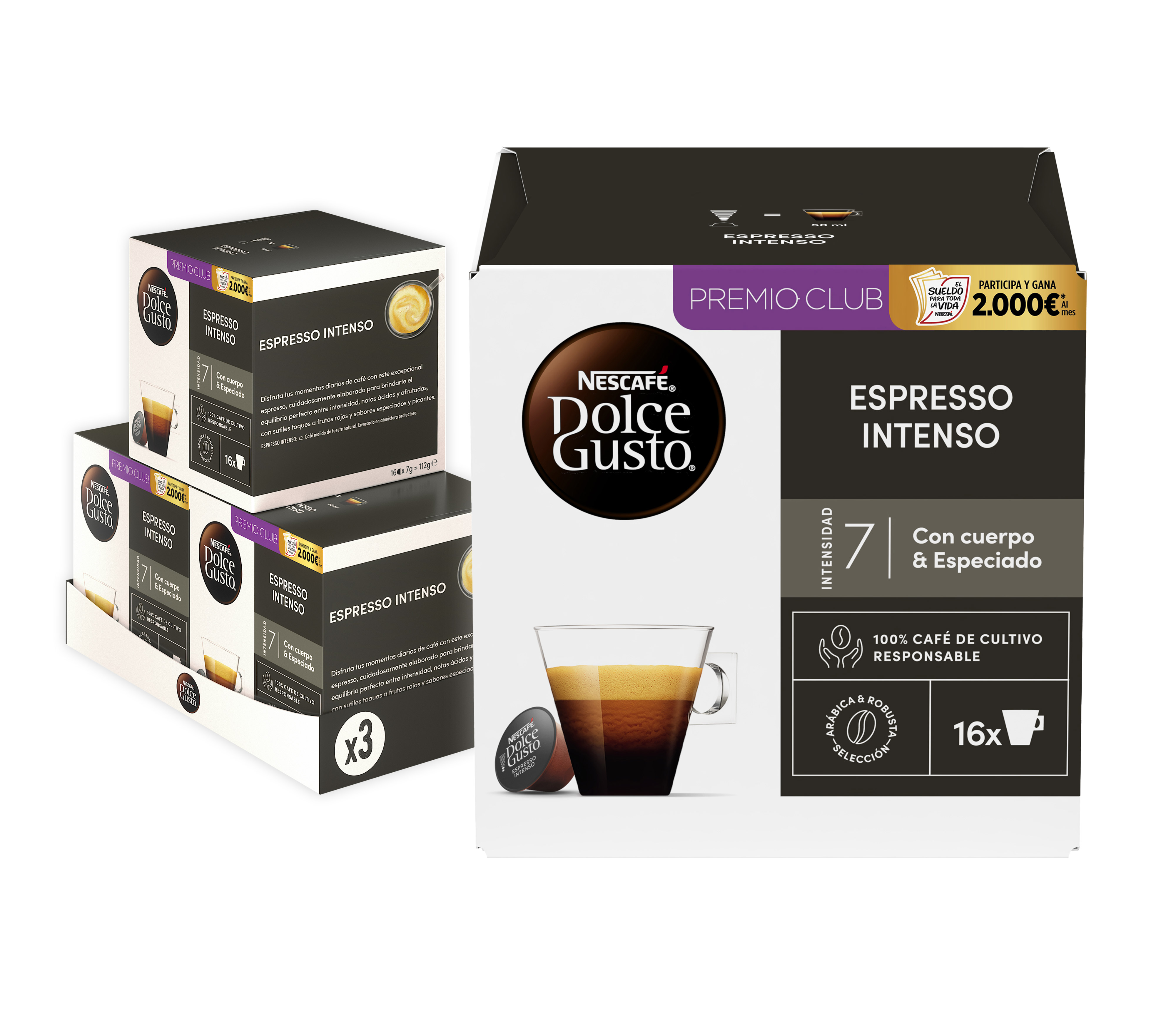 Cajas de cápsulas de café Nescafé Dolce Gusto Espresso Intenso con una taza de espresso.