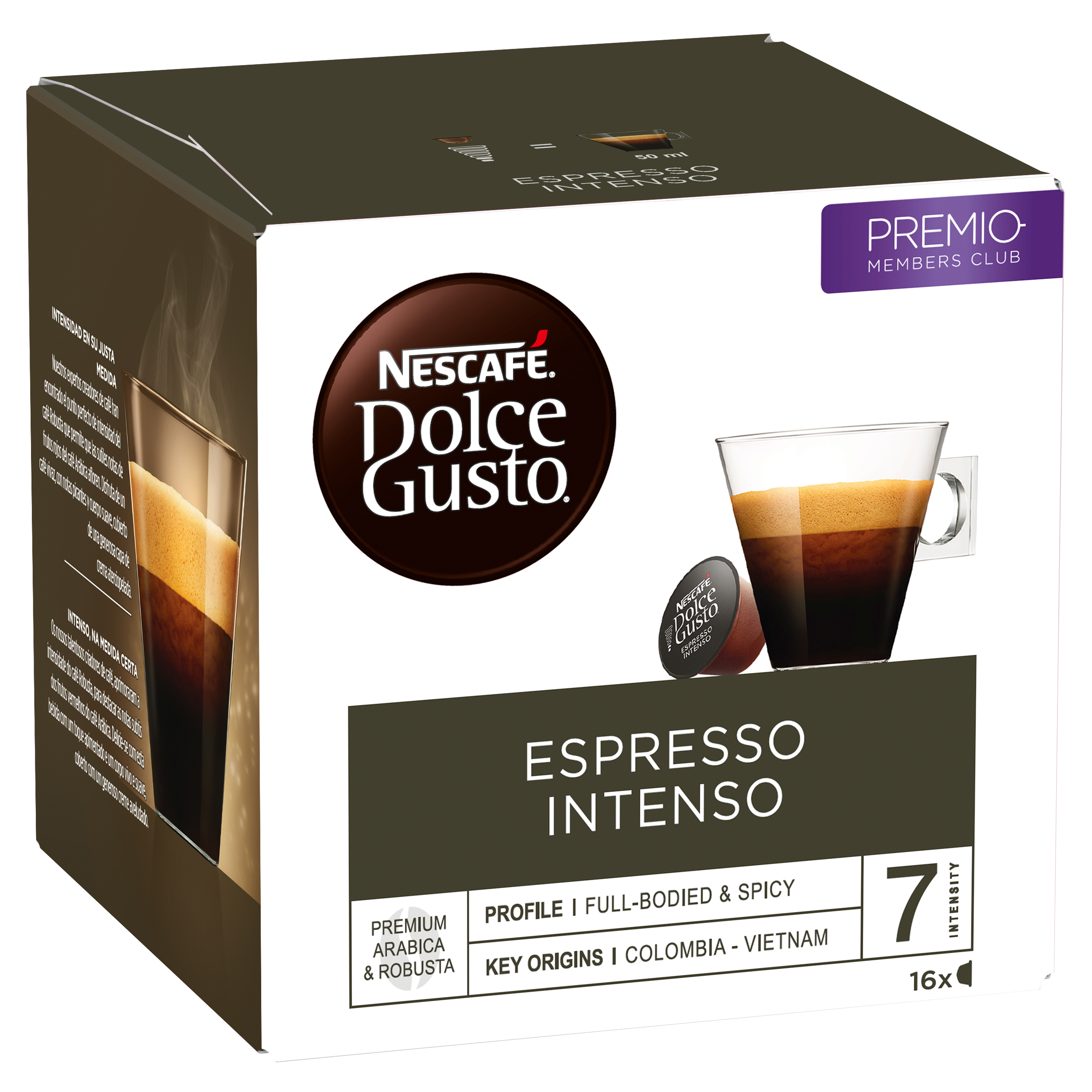 Caja de cápsulas de café Nescafe Dolce Gusto Espresso Intenso con vaso y cápsula.