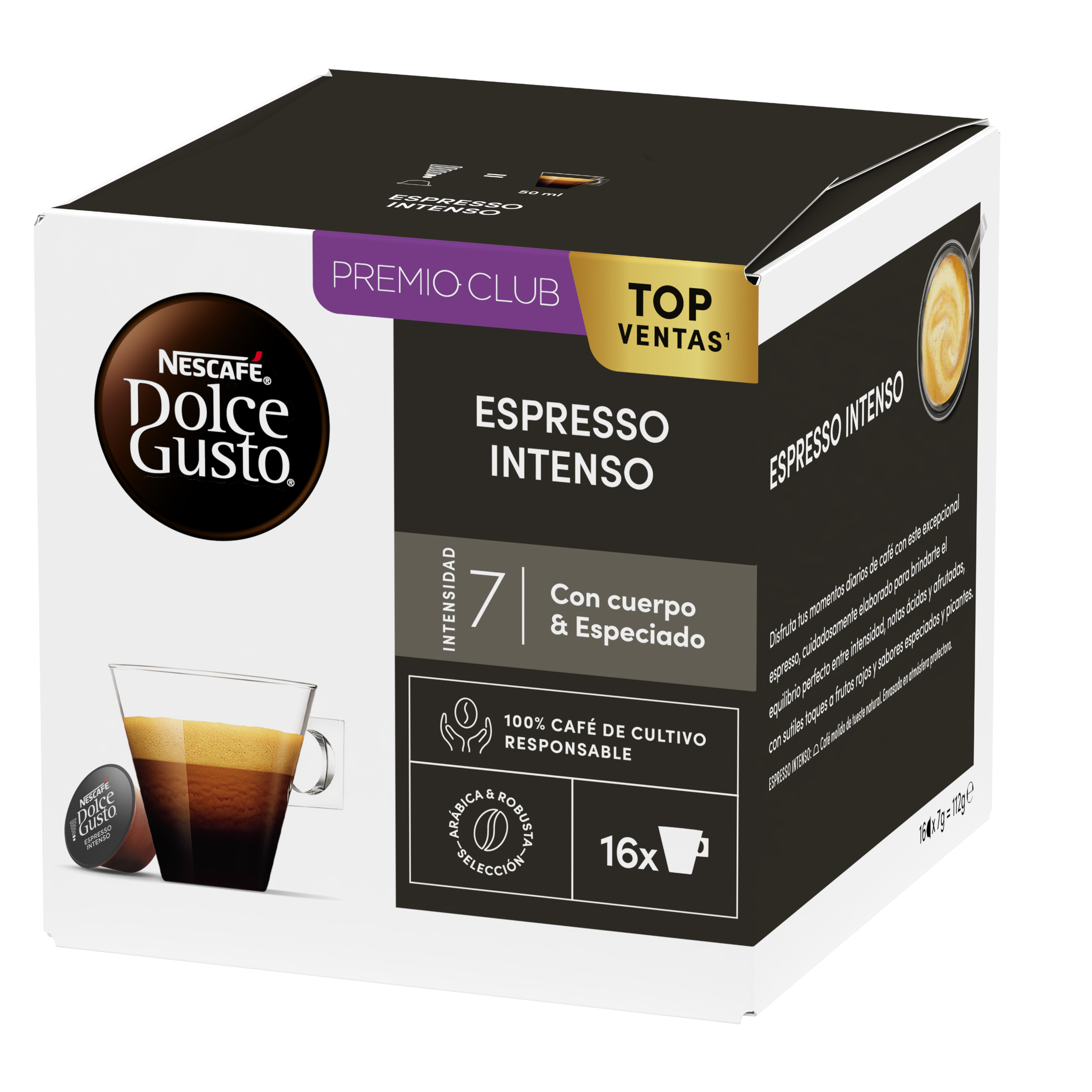 Caja de cápsulas de café Nescafe Dolce Gusto Espresso Intenso en blanco y negro con una taza.